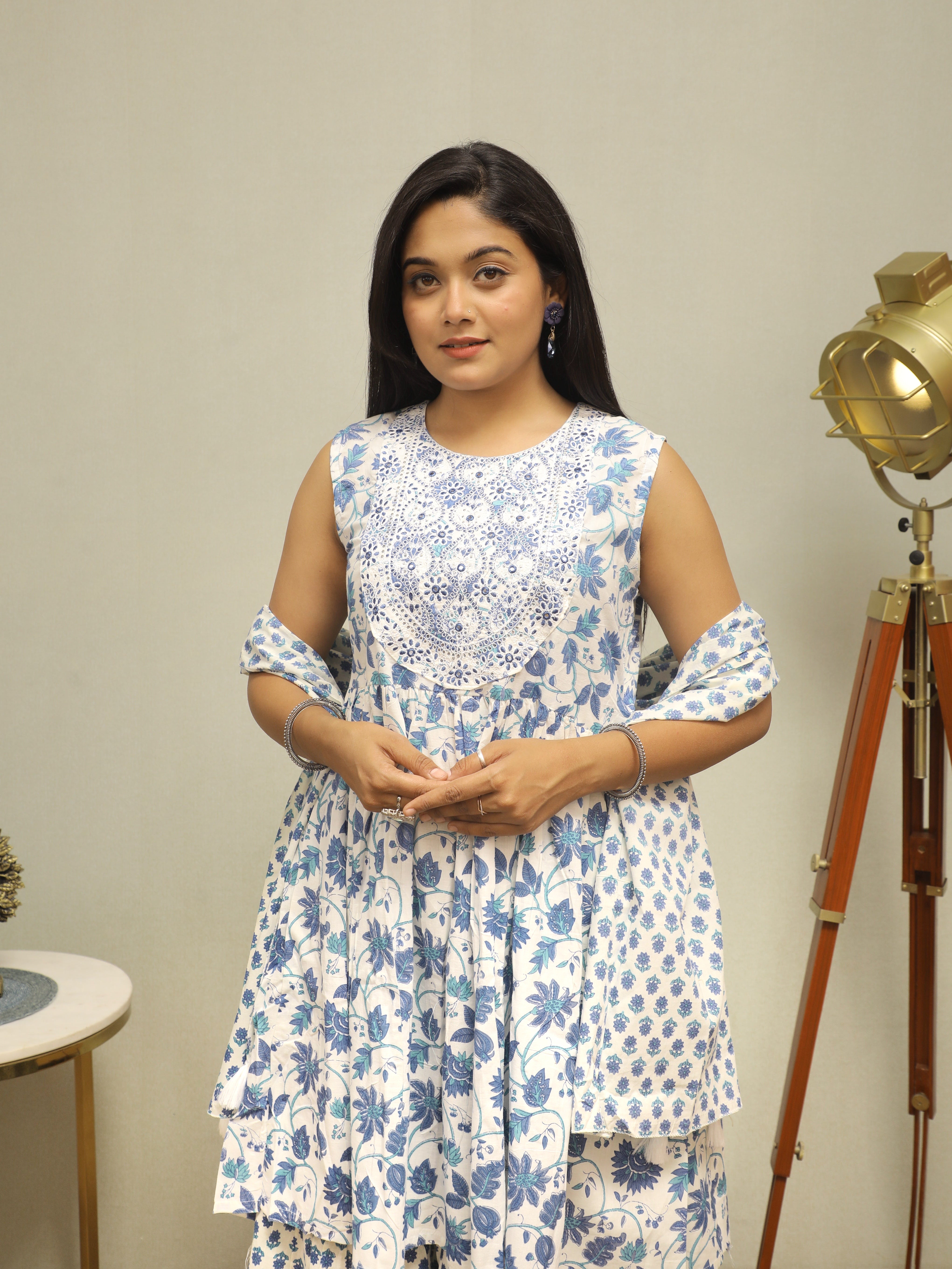 BLUE BLOOM GATHERED KURTA AND SHARARA COTTON SUIT SET