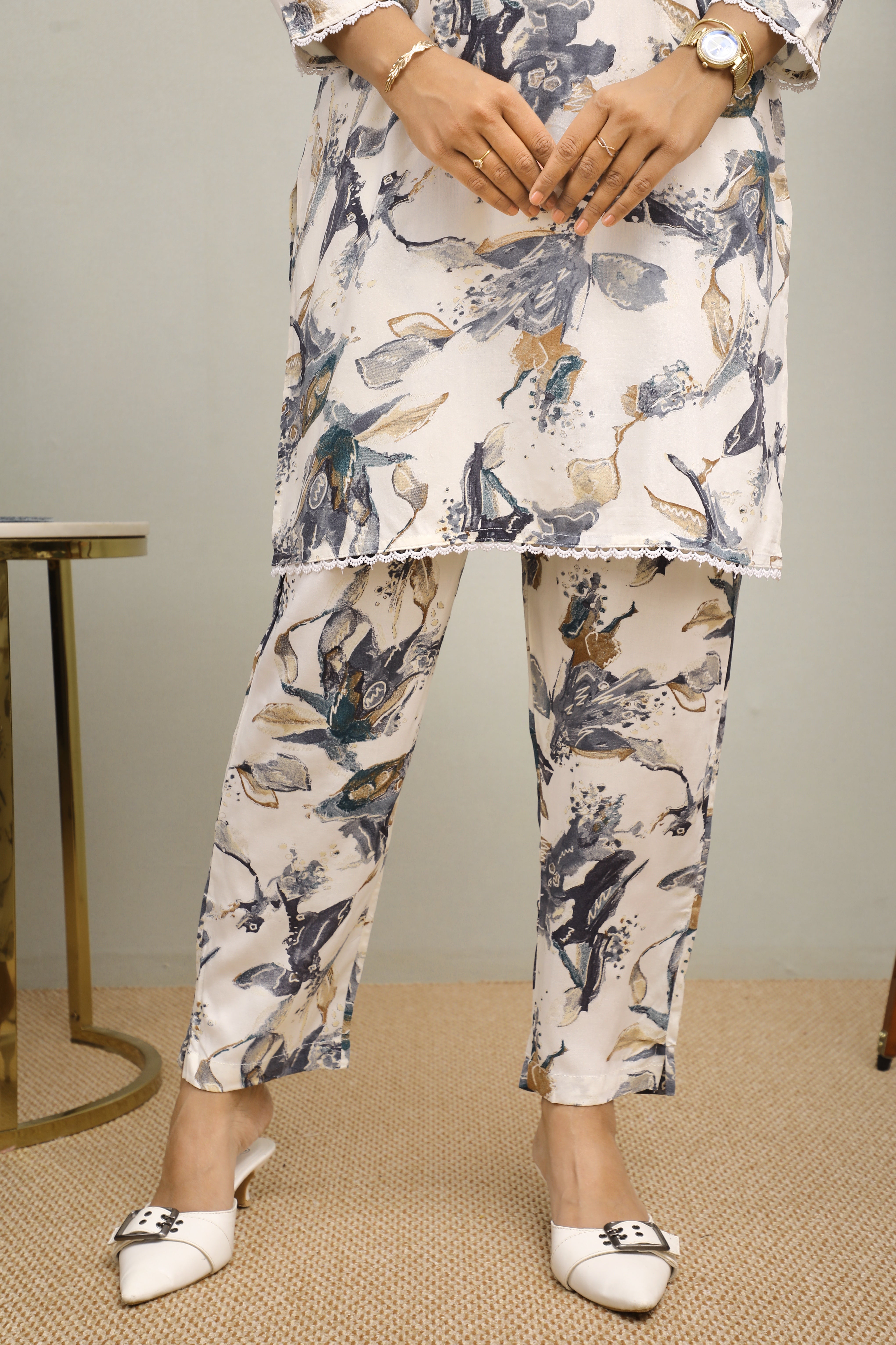 WHITE PRINTED RAYON CO-ORD SET
