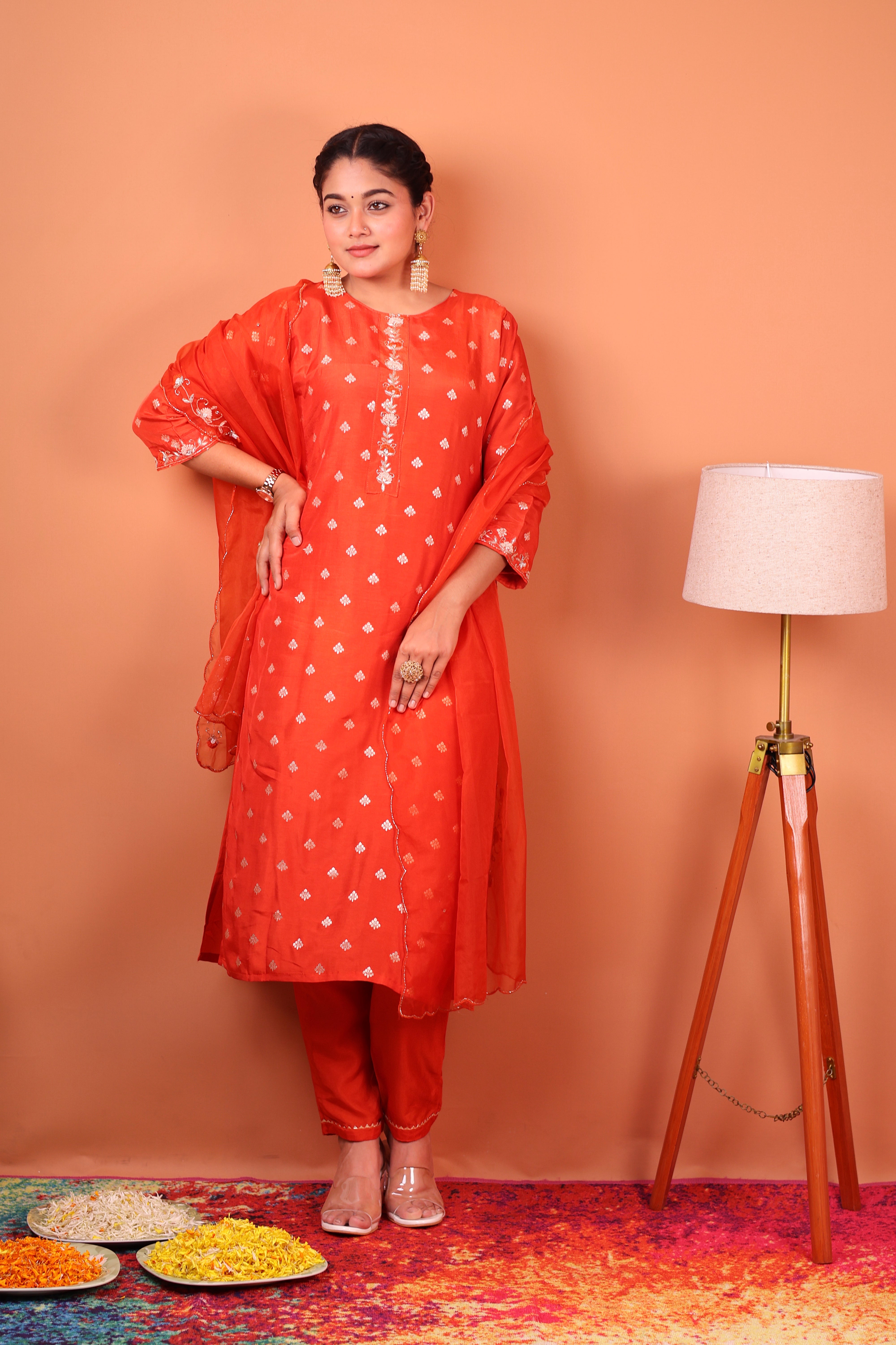 BURNT ORANGE EMBELLISHED SILK SUIT SET