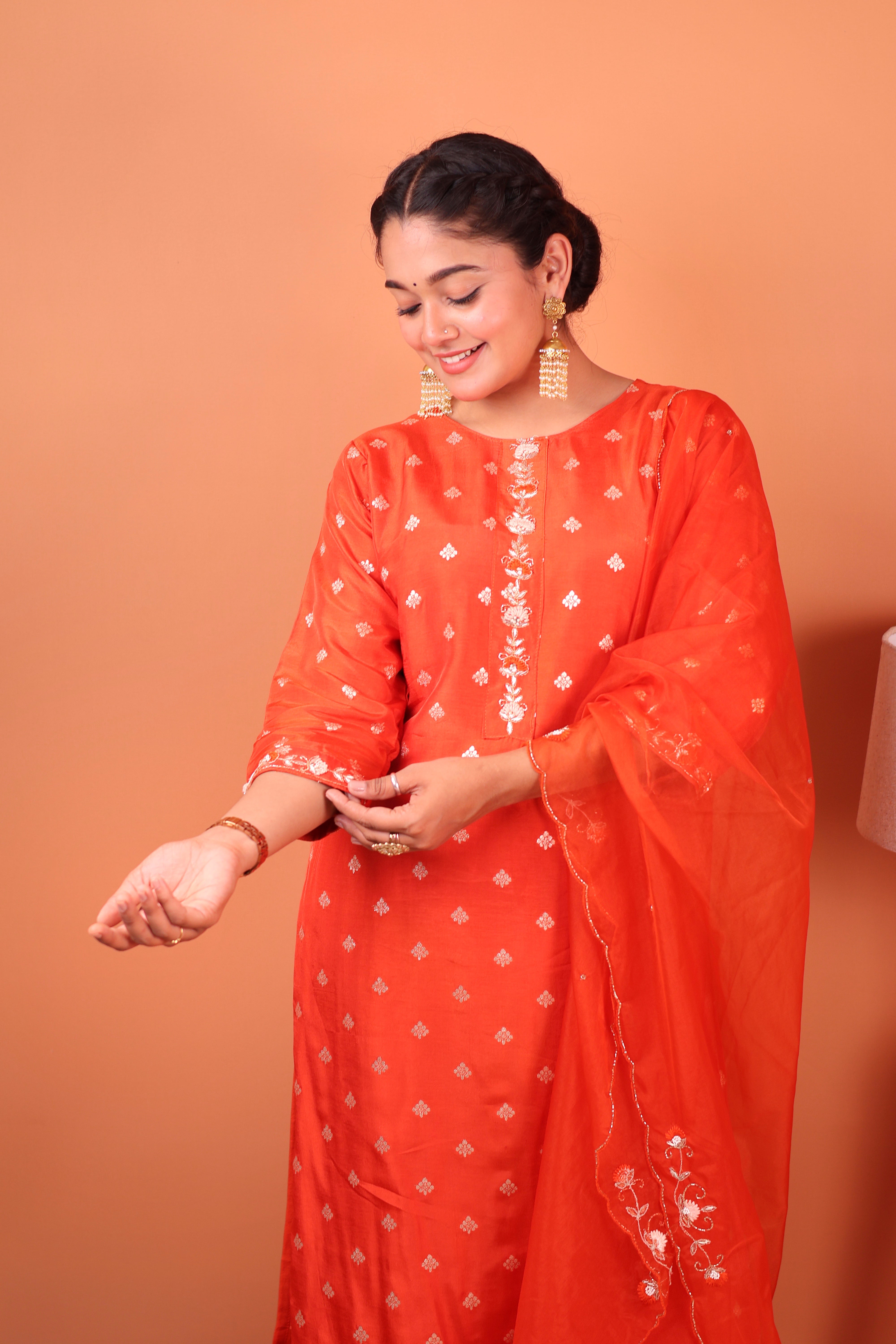 BURNT ORANGE EMBELLISHED SILK SUIT SET
