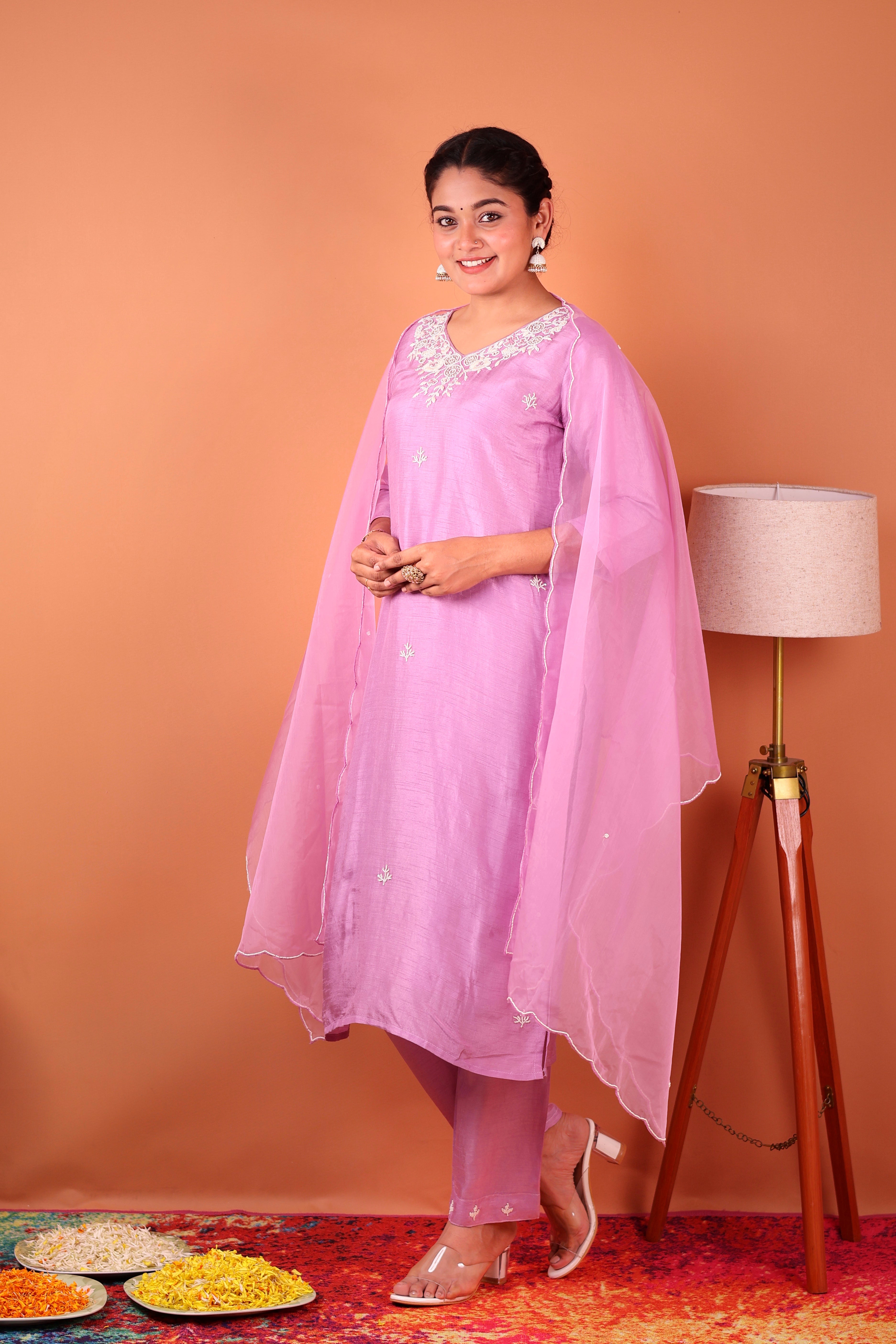 LILAC PEARLWORK SILK SUIT SET
