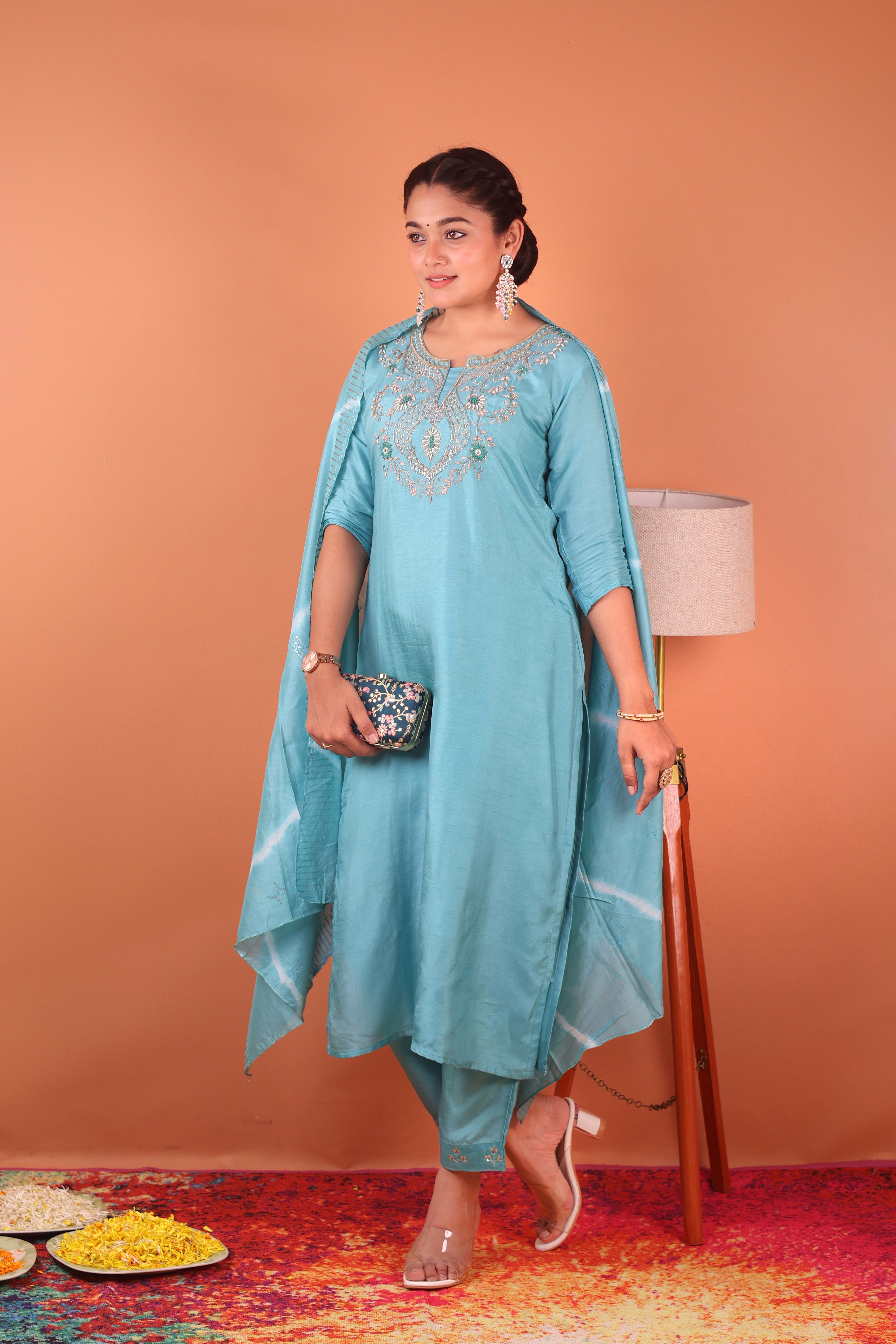 ICE BLUE EMBROIDERED SILK SUIT SET