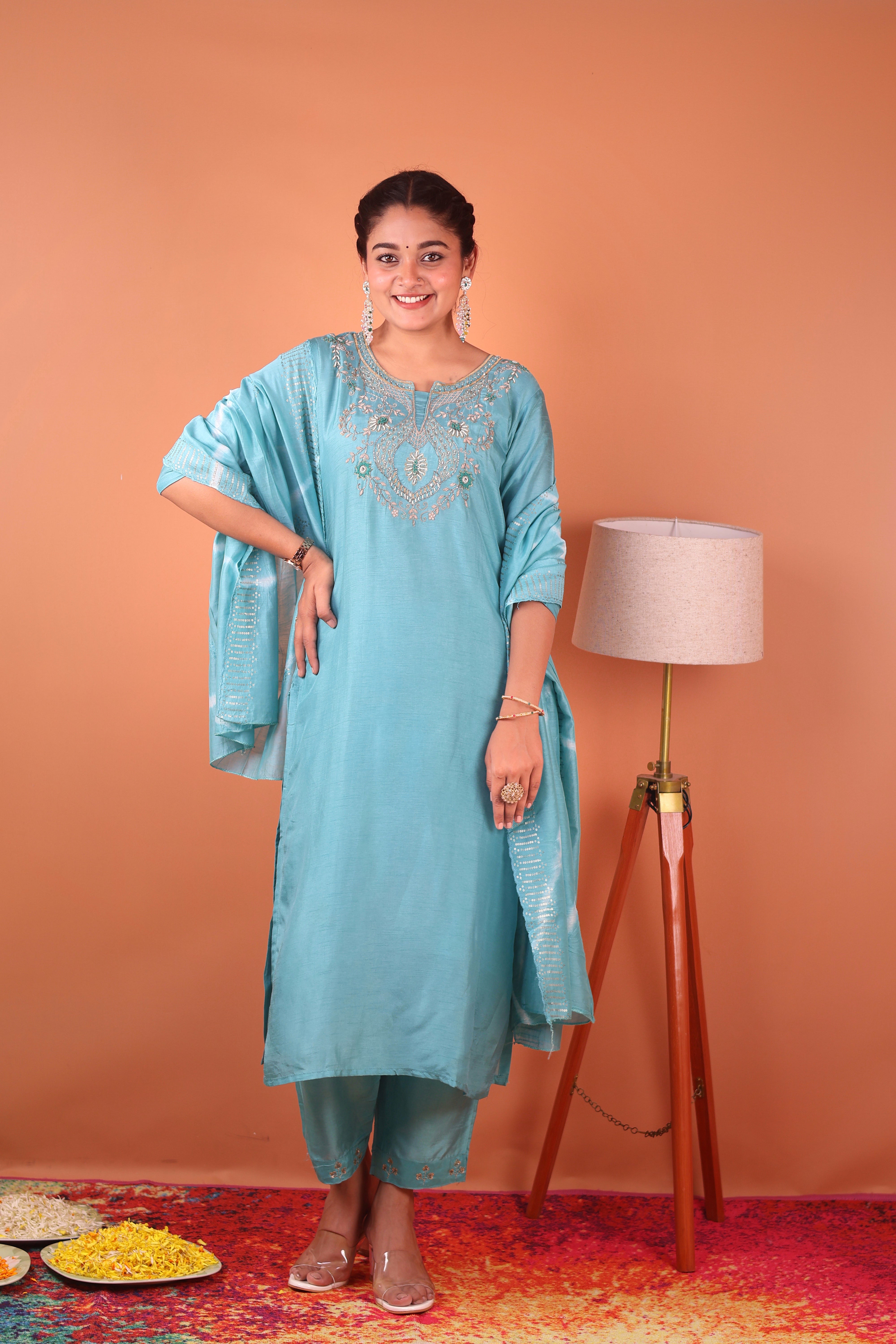 ICE BLUE EMBROIDERED SILK SUIT SET
