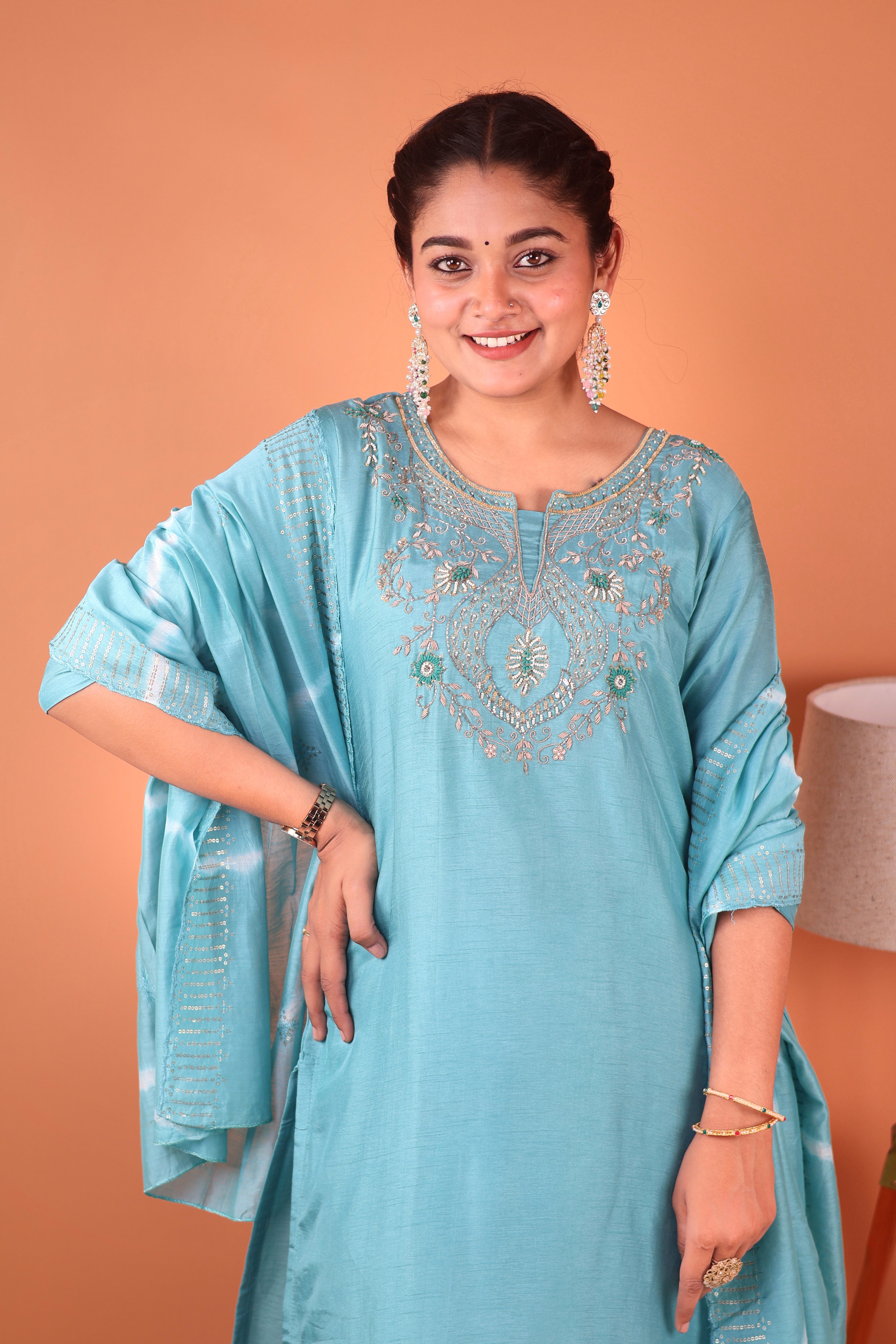 ICE BLUE EMBROIDERED SILK SUIT SET