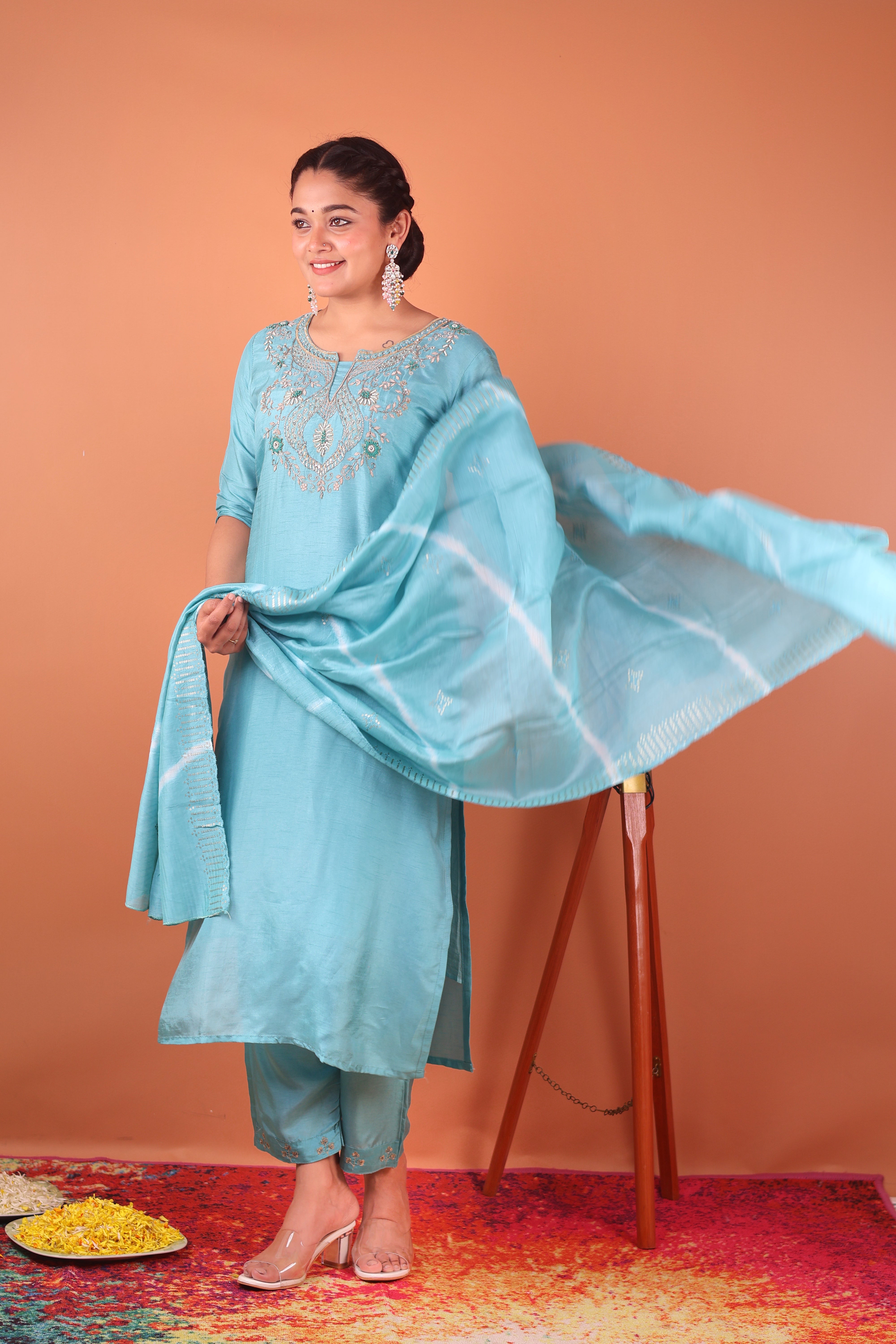 ICE BLUE EMBROIDERED SILK SUIT SET