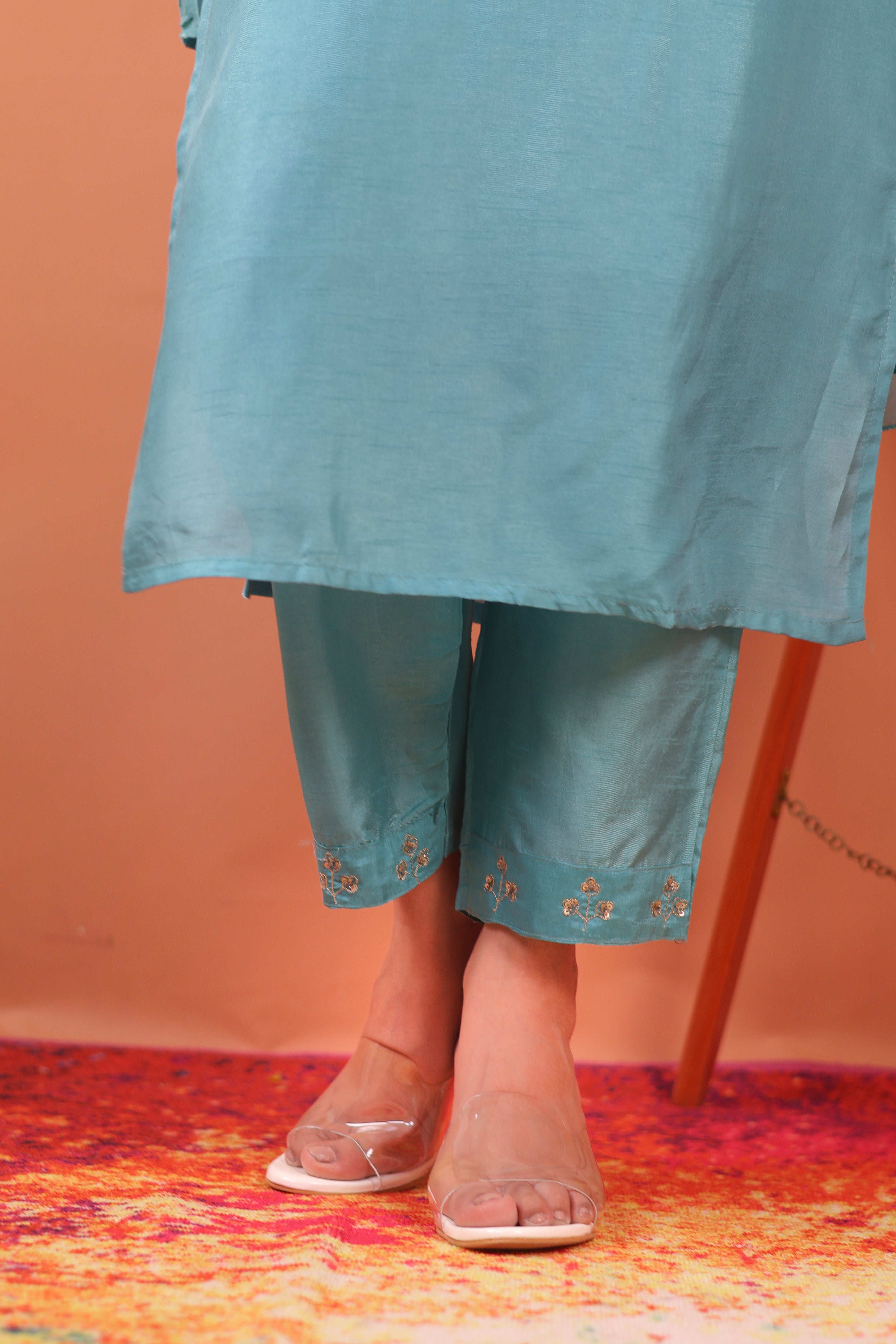ICE BLUE EMBROIDERED SILK SUIT SET