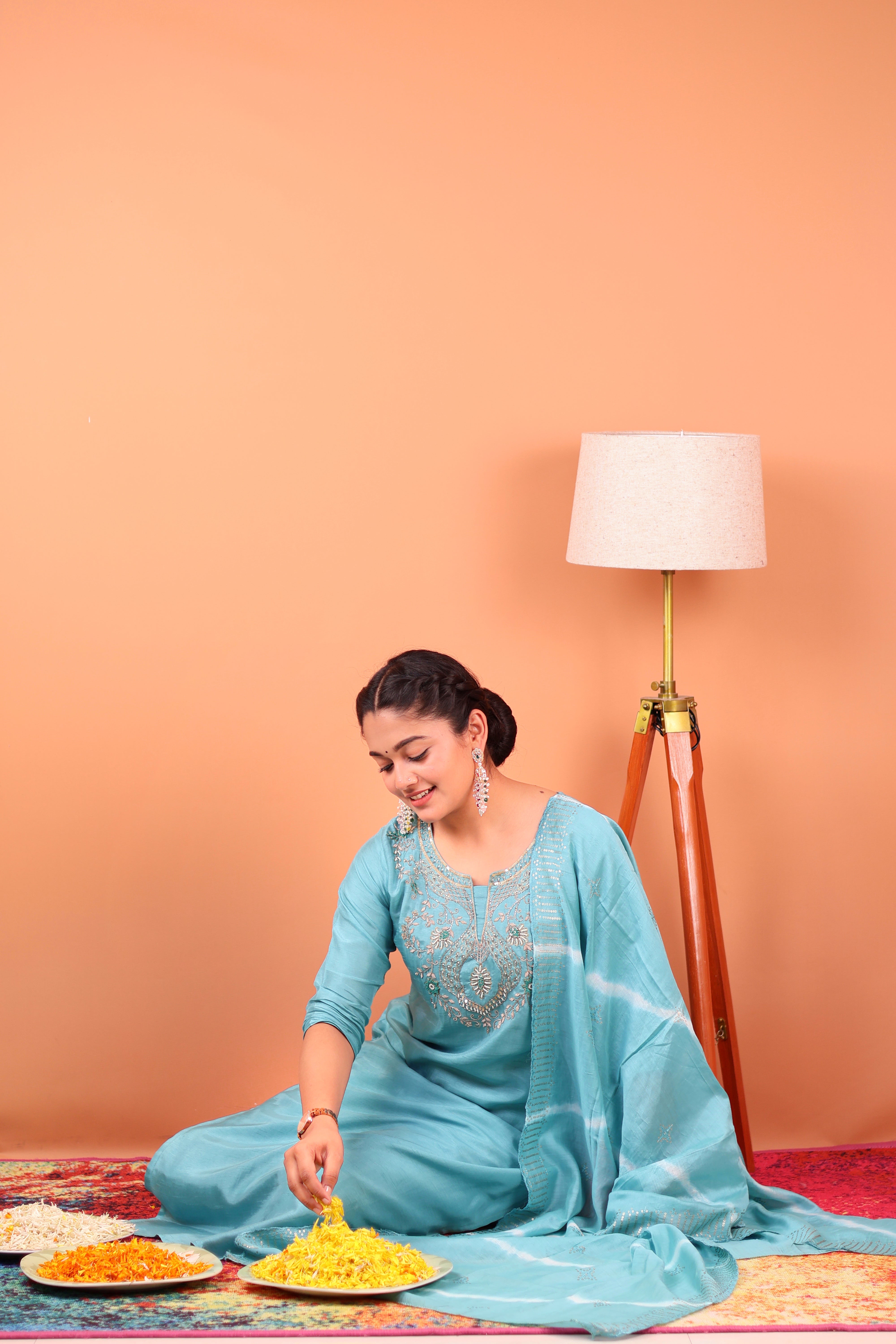 ICE BLUE EMBROIDERED SILK SUIT SET