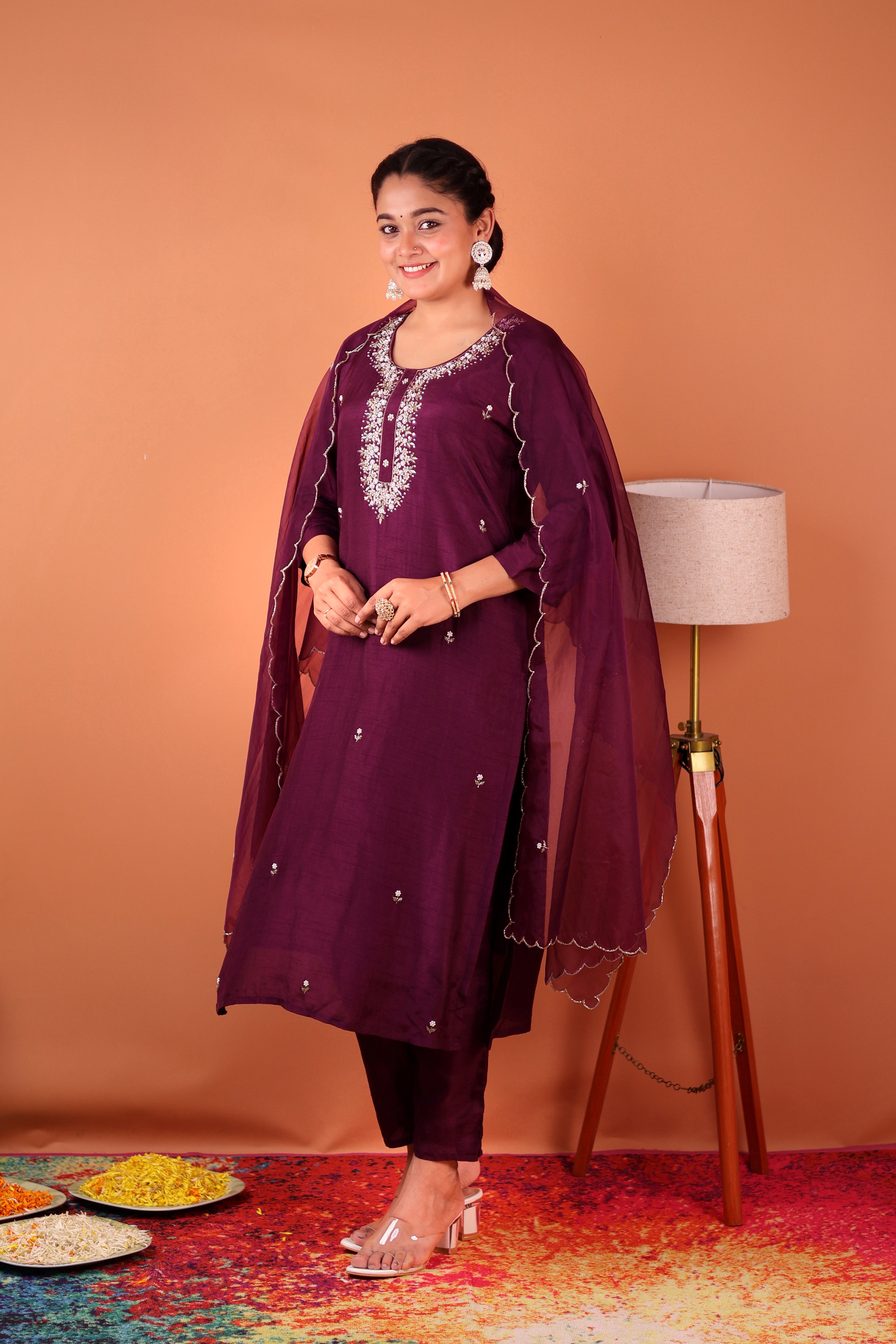 PURPLE POISE EMBELLISHED SILK SUIT SET