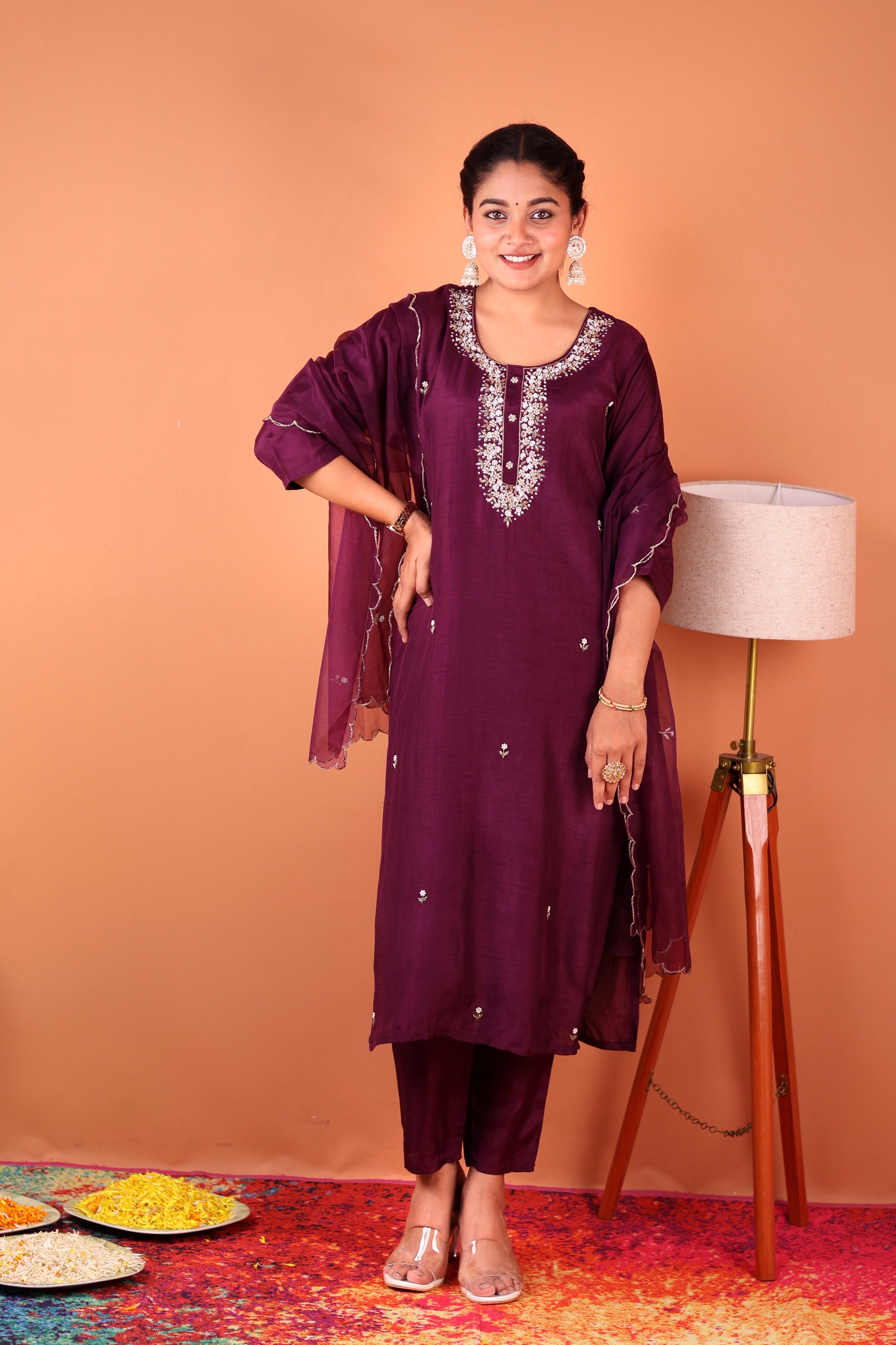 PURPLE POISE EMBELLISHED SILK SUIT SET
