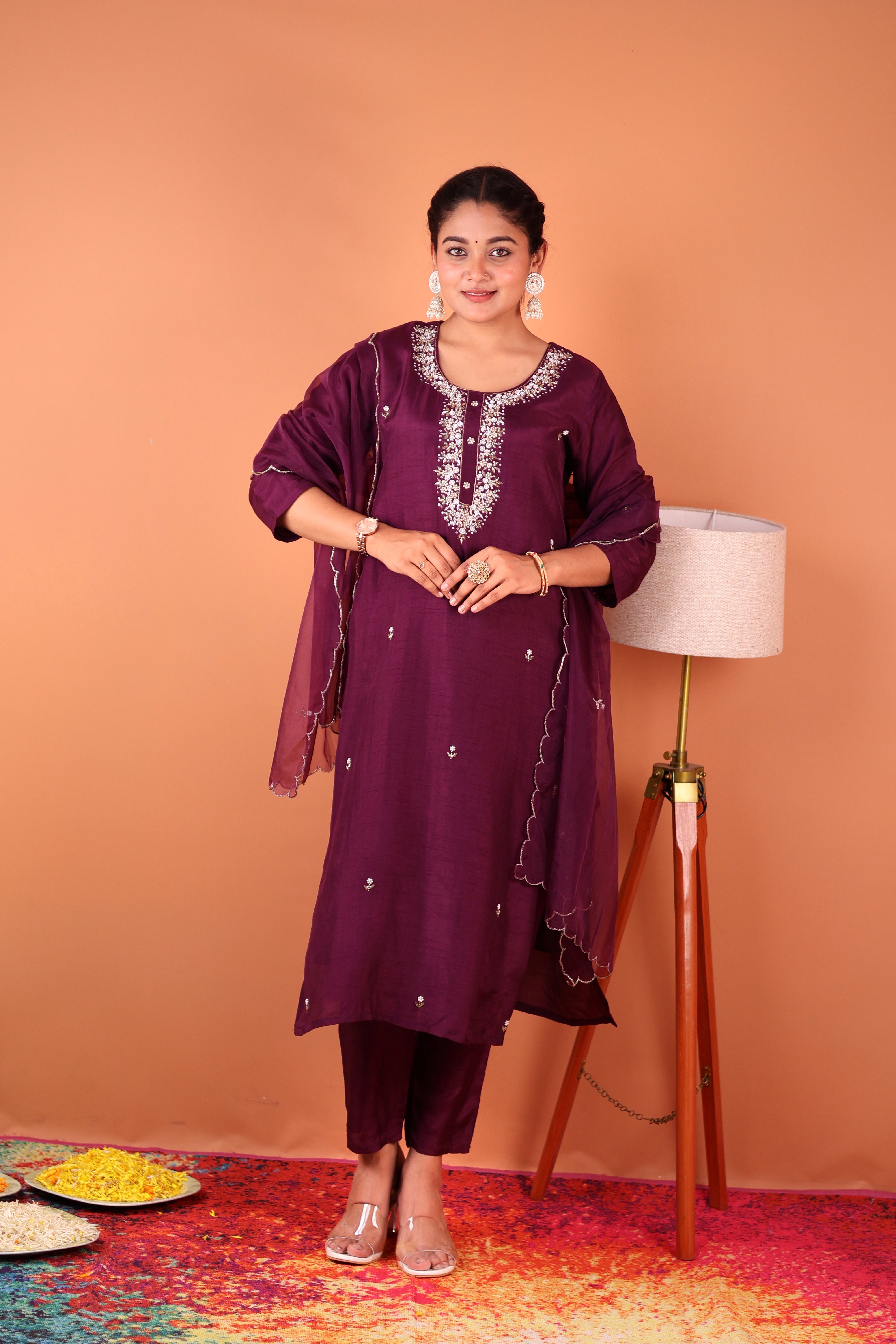 PURPLE POISE EMBELLISHED SILK SUIT SET
