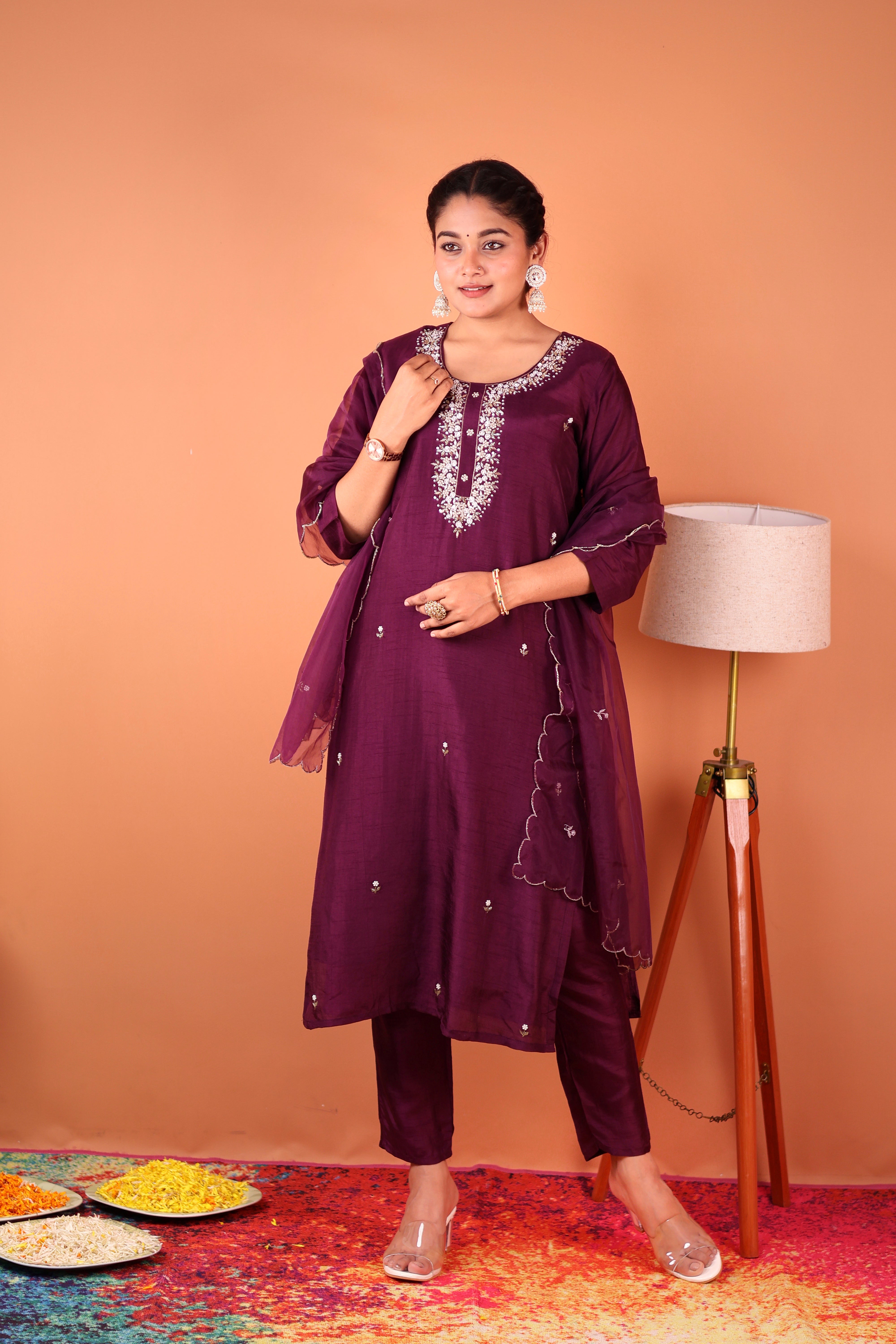 PURPLE POISE EMBELLISHED SILK SUIT SET