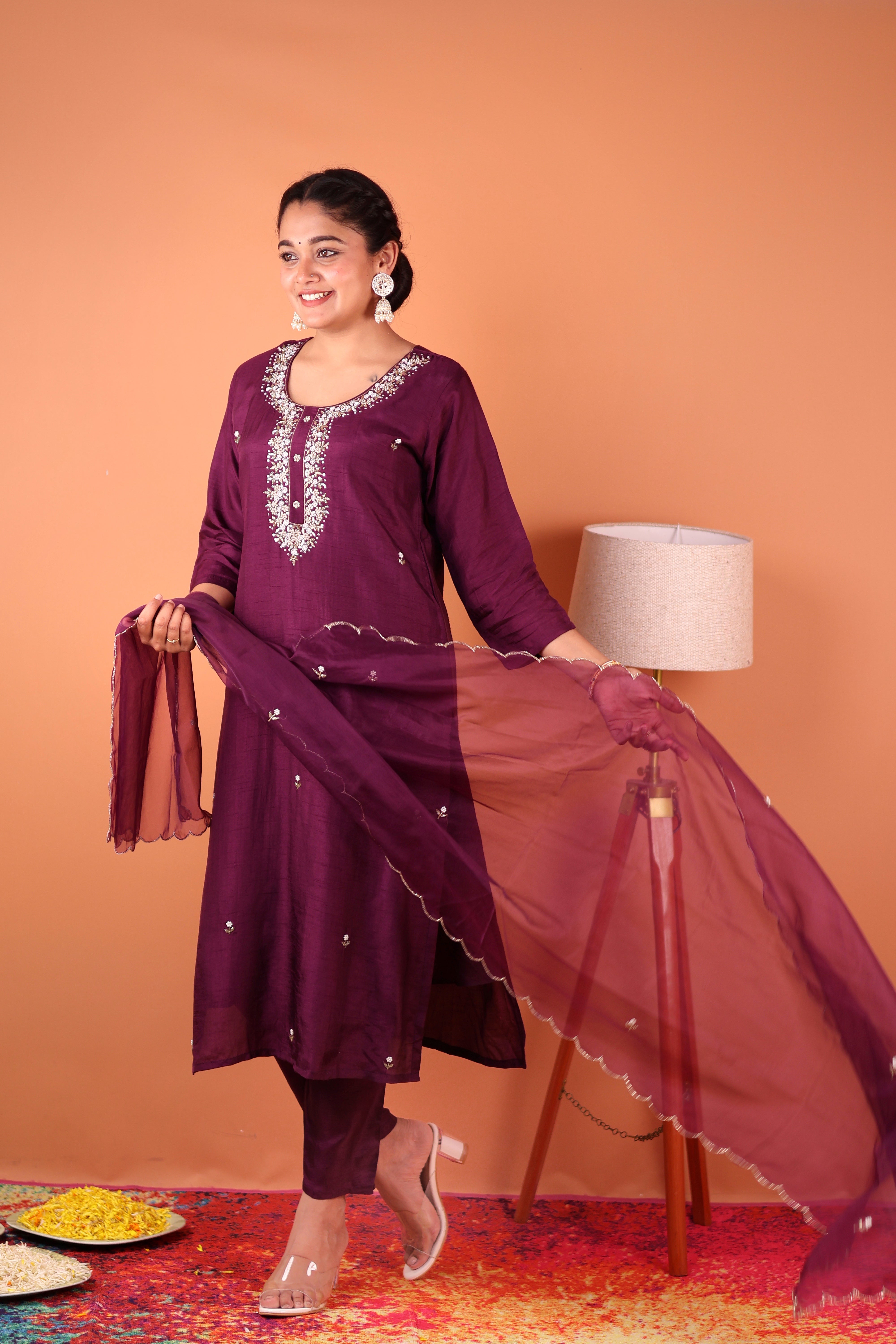PURPLE POISE EMBELLISHED SILK SUIT SET