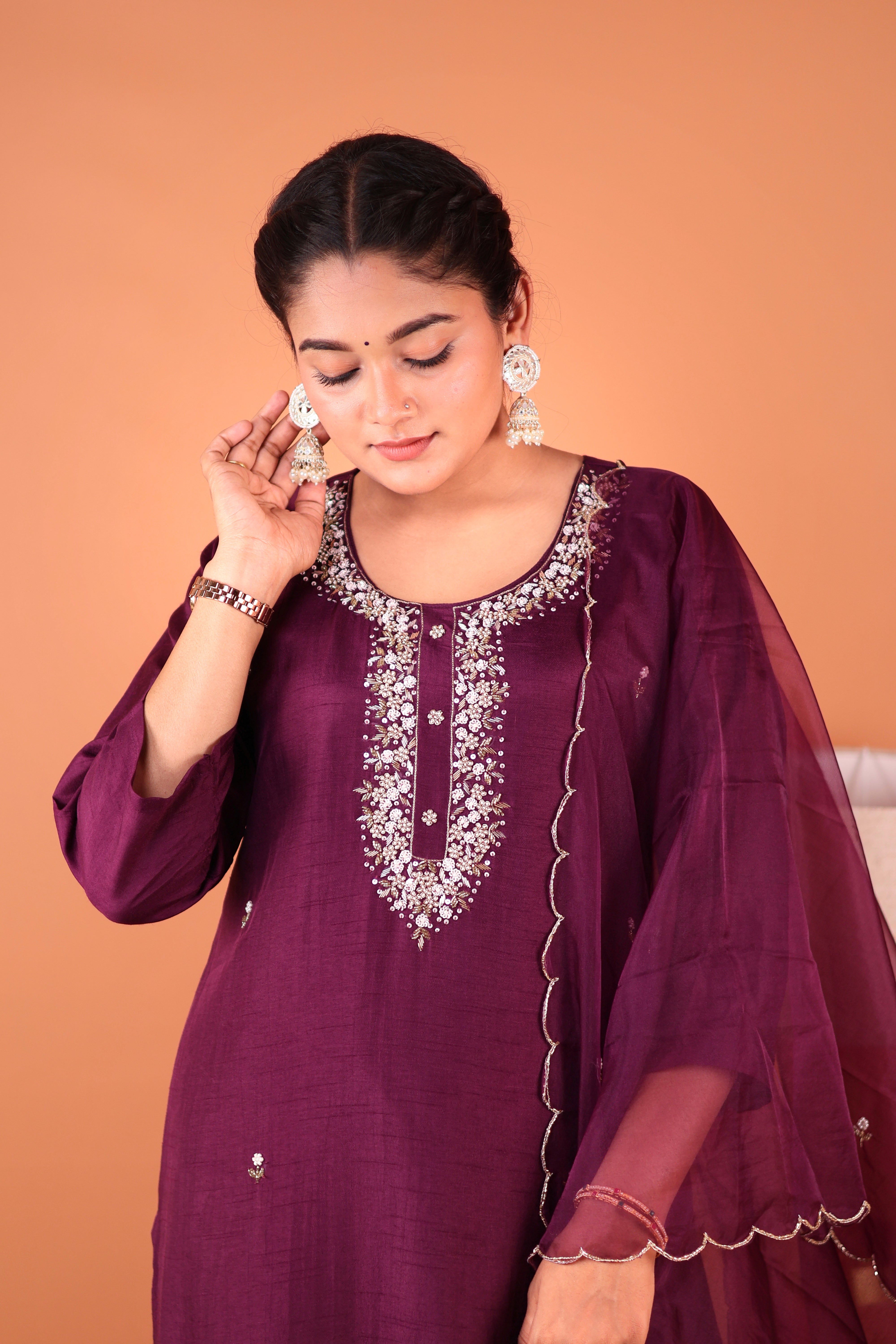 PURPLE POISE EMBELLISHED SILK SUIT SET