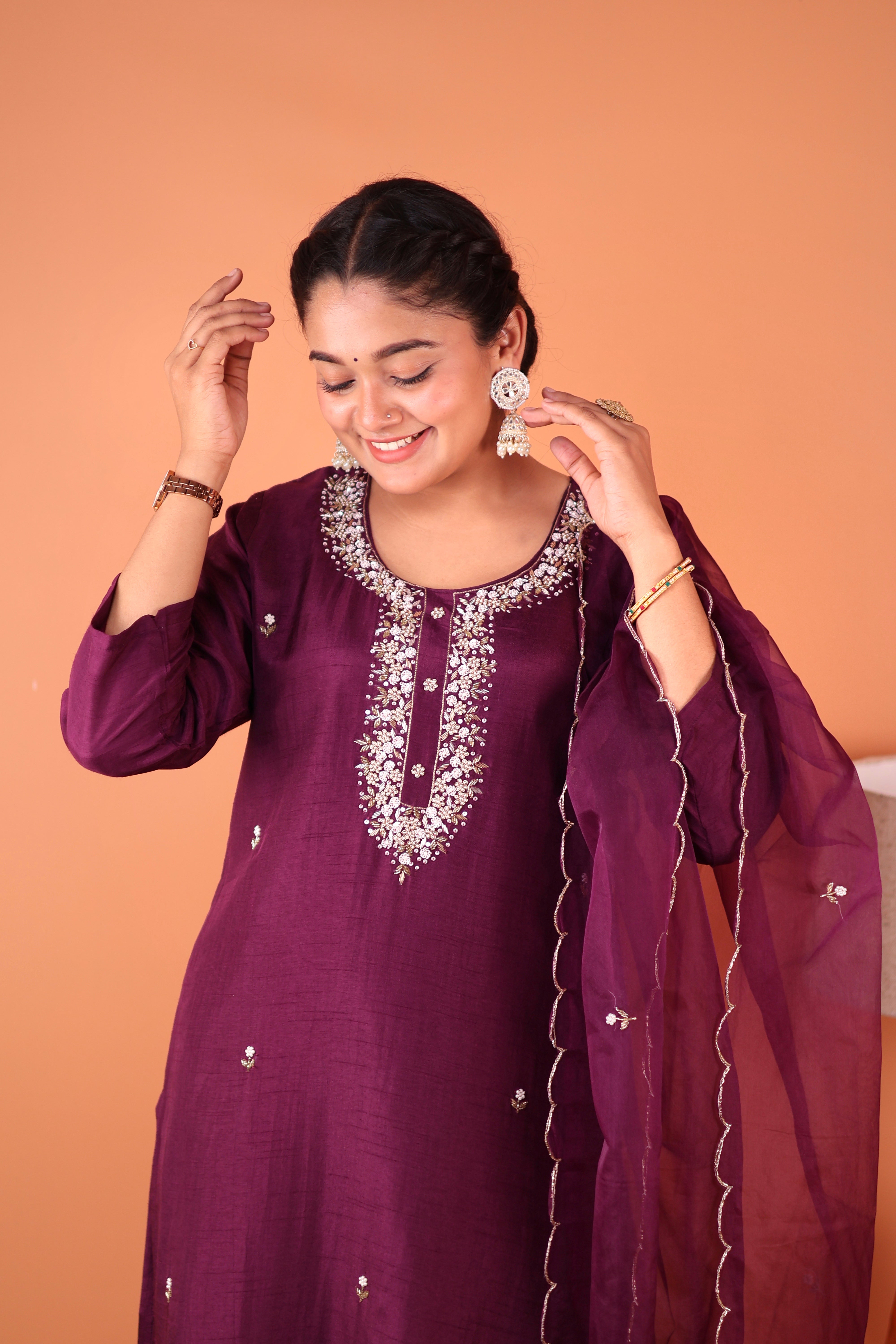PURPLE POISE EMBELLISHED SILK SUIT SET