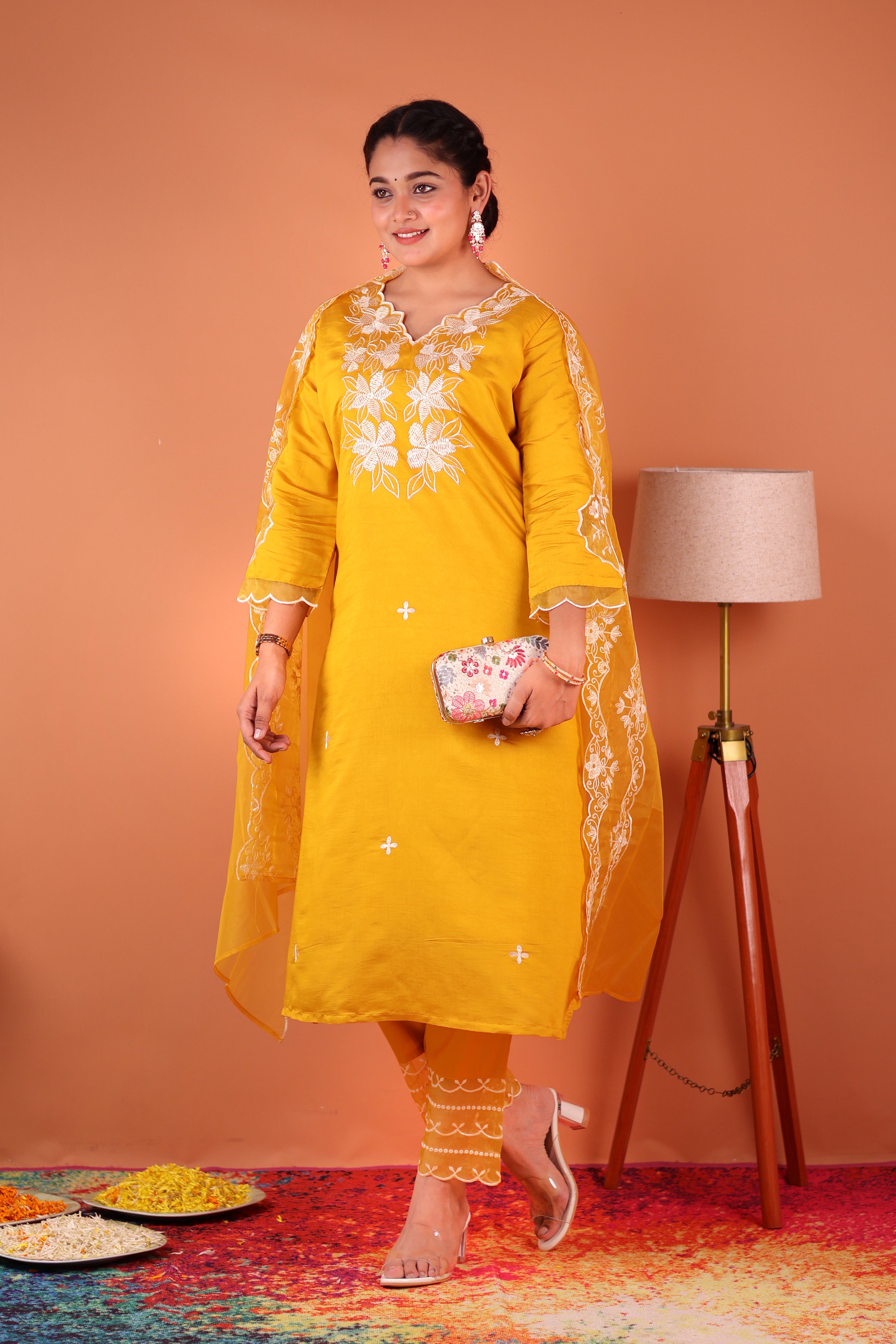 SUNSHINE YELLOW THREADWORK SILK ORGANZA SUIT SET