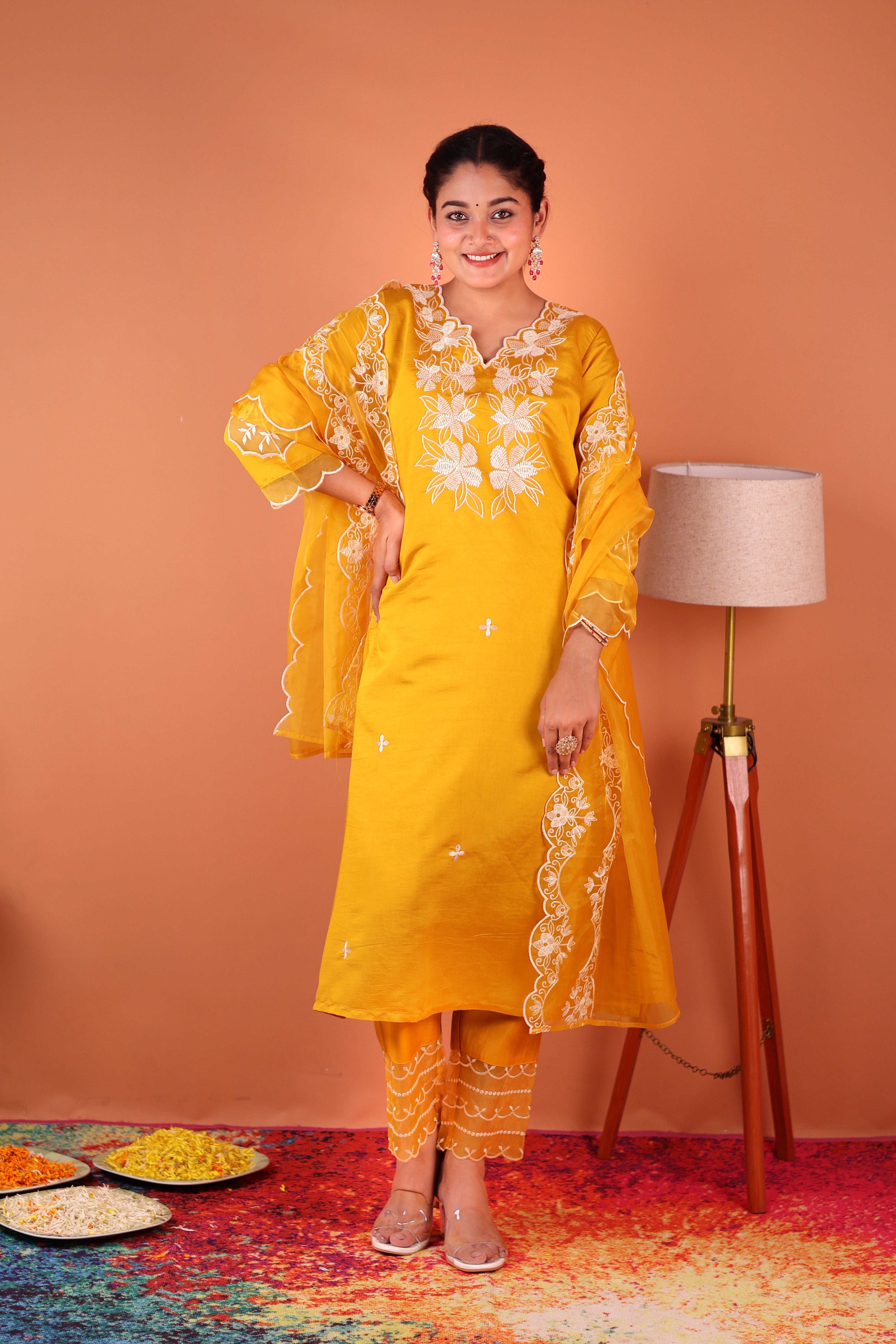 SUNSHINE YELLOW THREADWORK SILK ORGANZA SUIT SET
