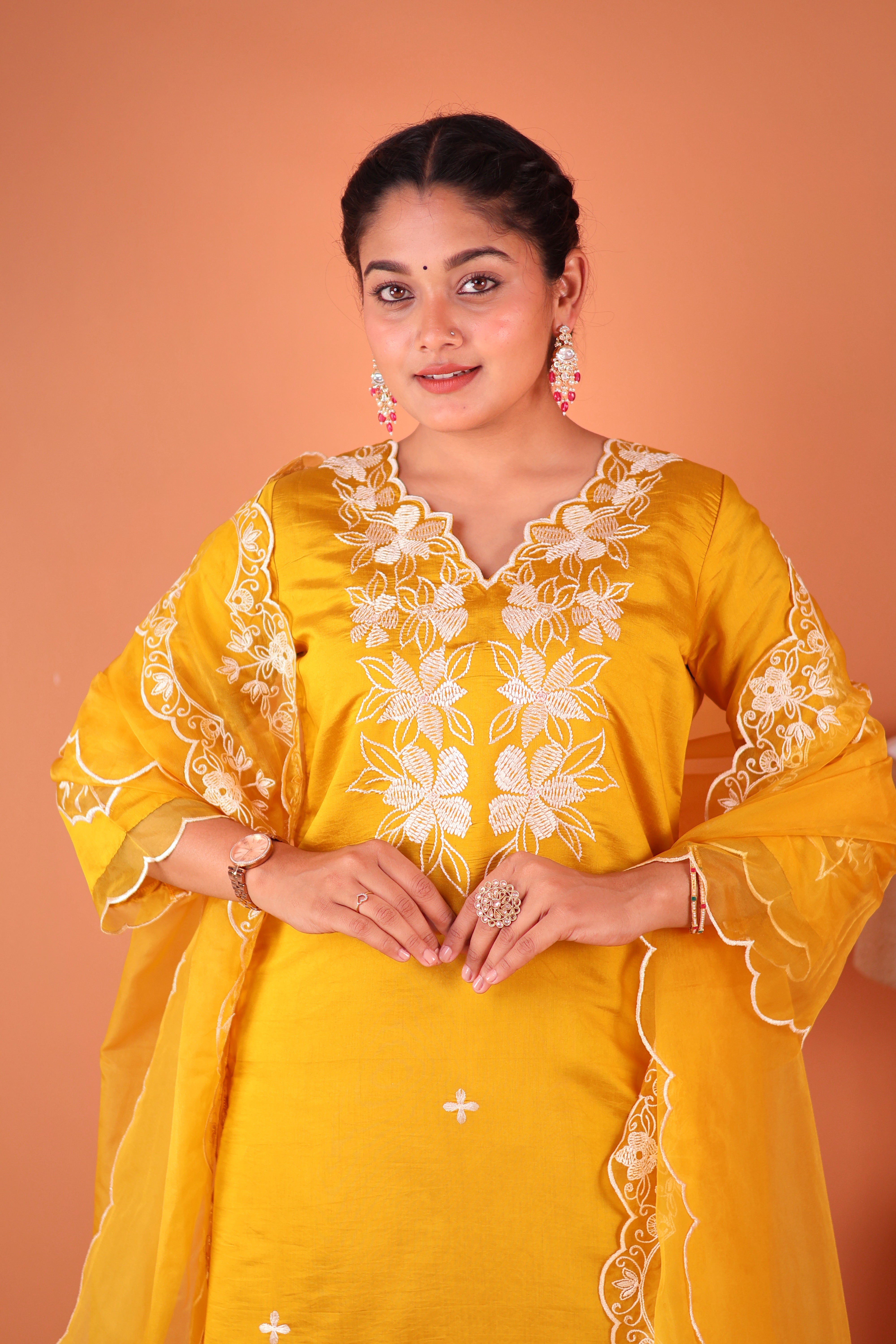 SUNSHINE YELLOW THREADWORK SILK ORGANZA SUIT SET