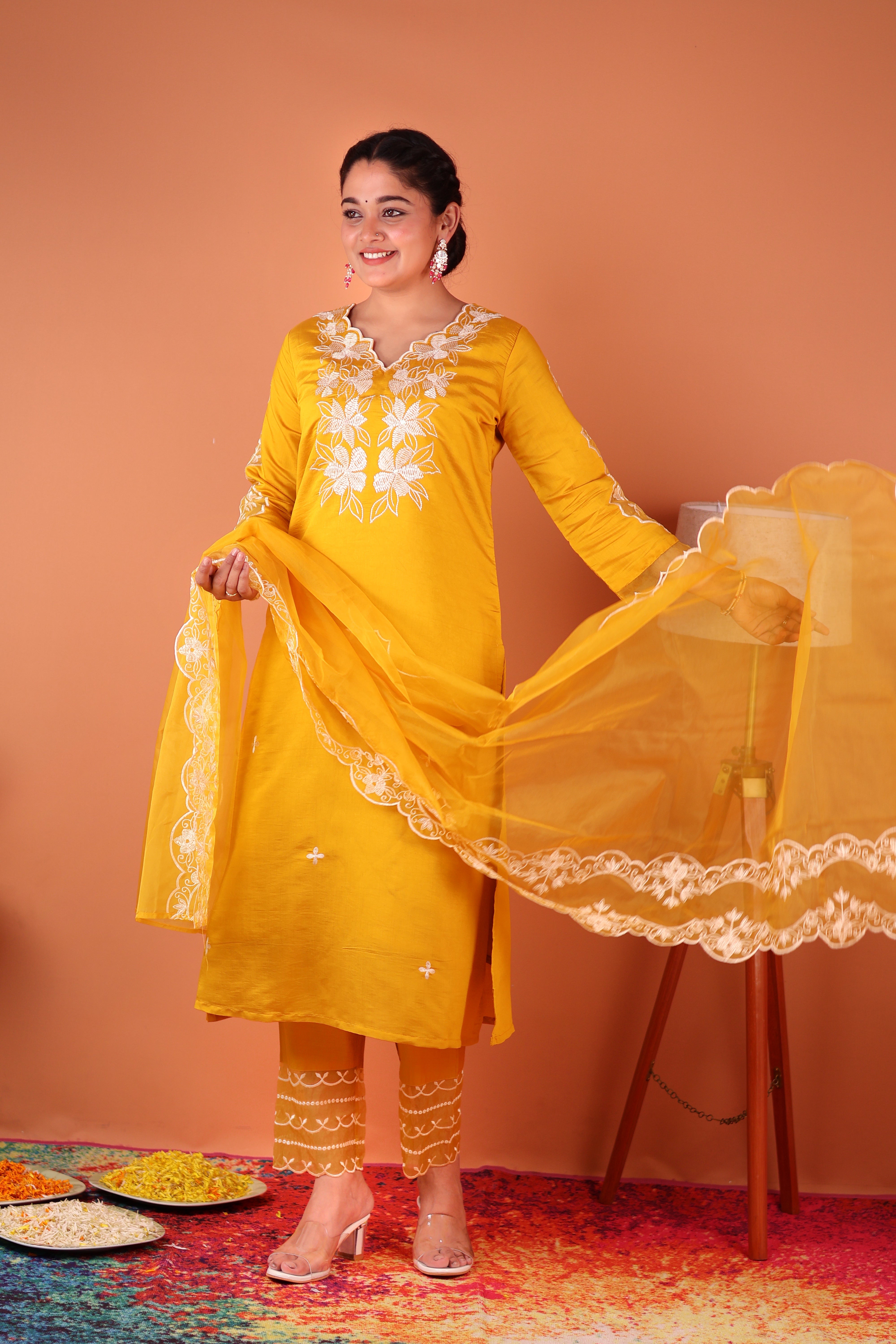 SUNSHINE YELLOW THREADWORK SILK ORGANZA SUIT SET
