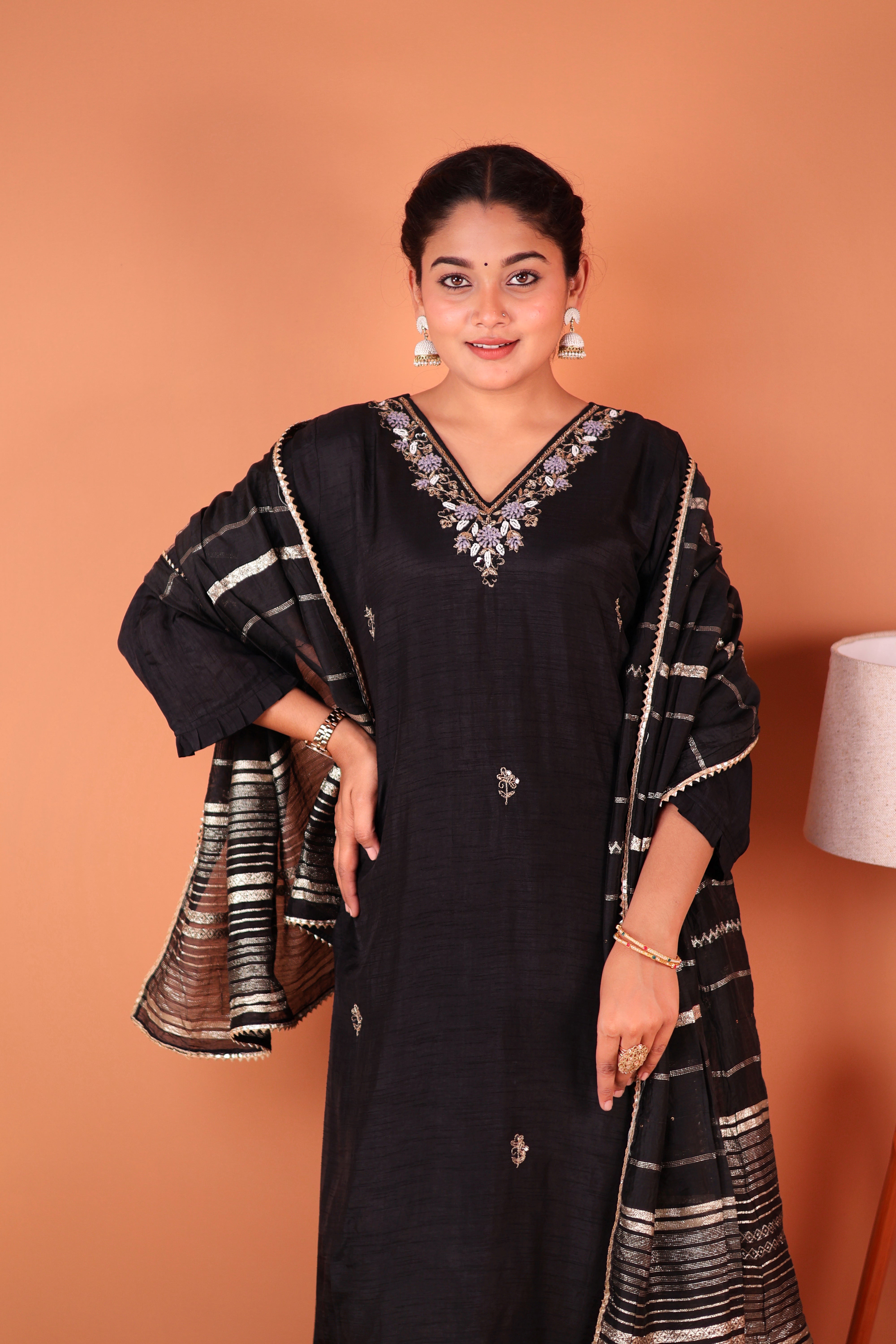 BLACK THREADWORK SILK SUIT SET
