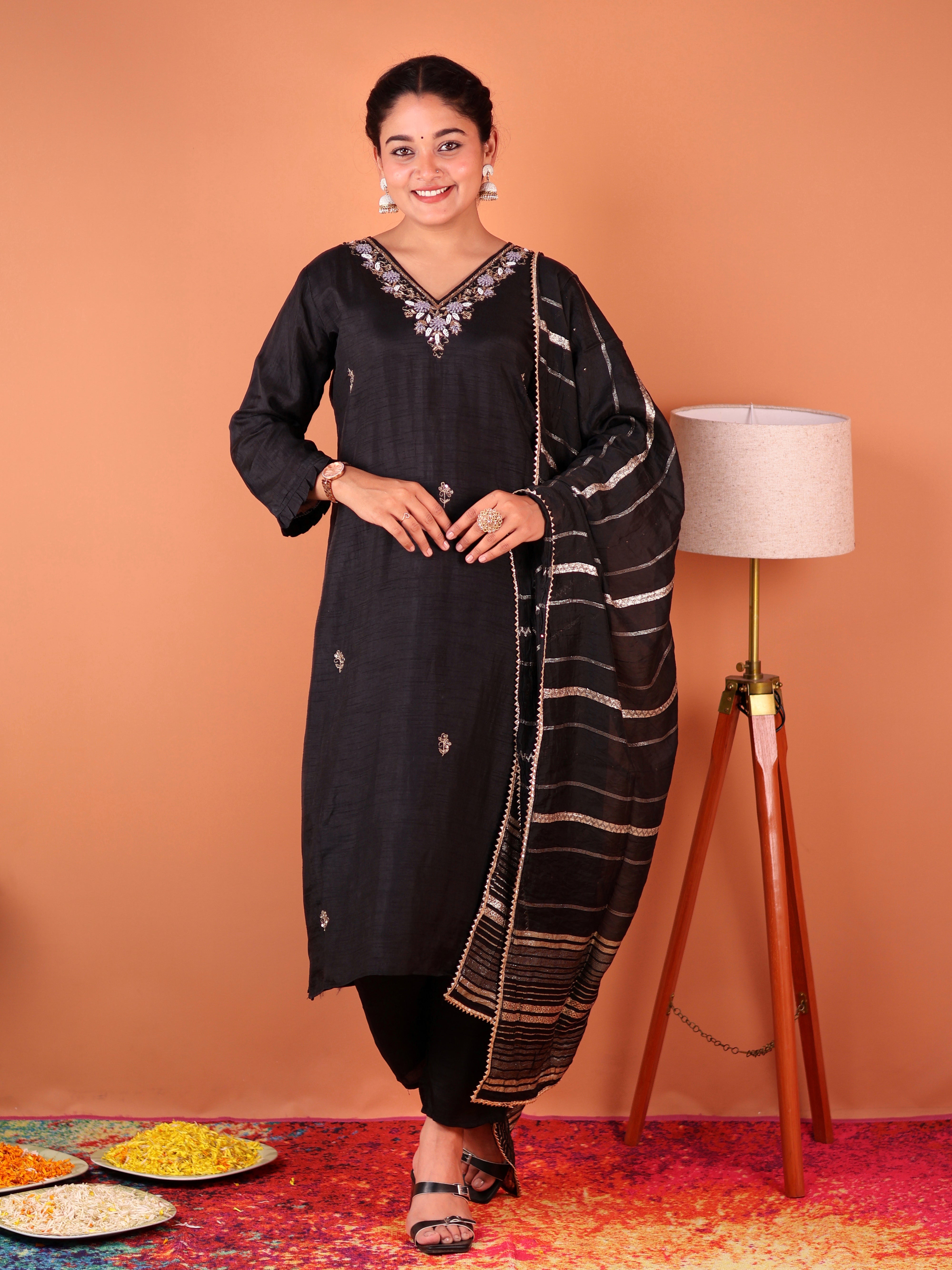 BLACK THREADWORK SILK SUIT SET
