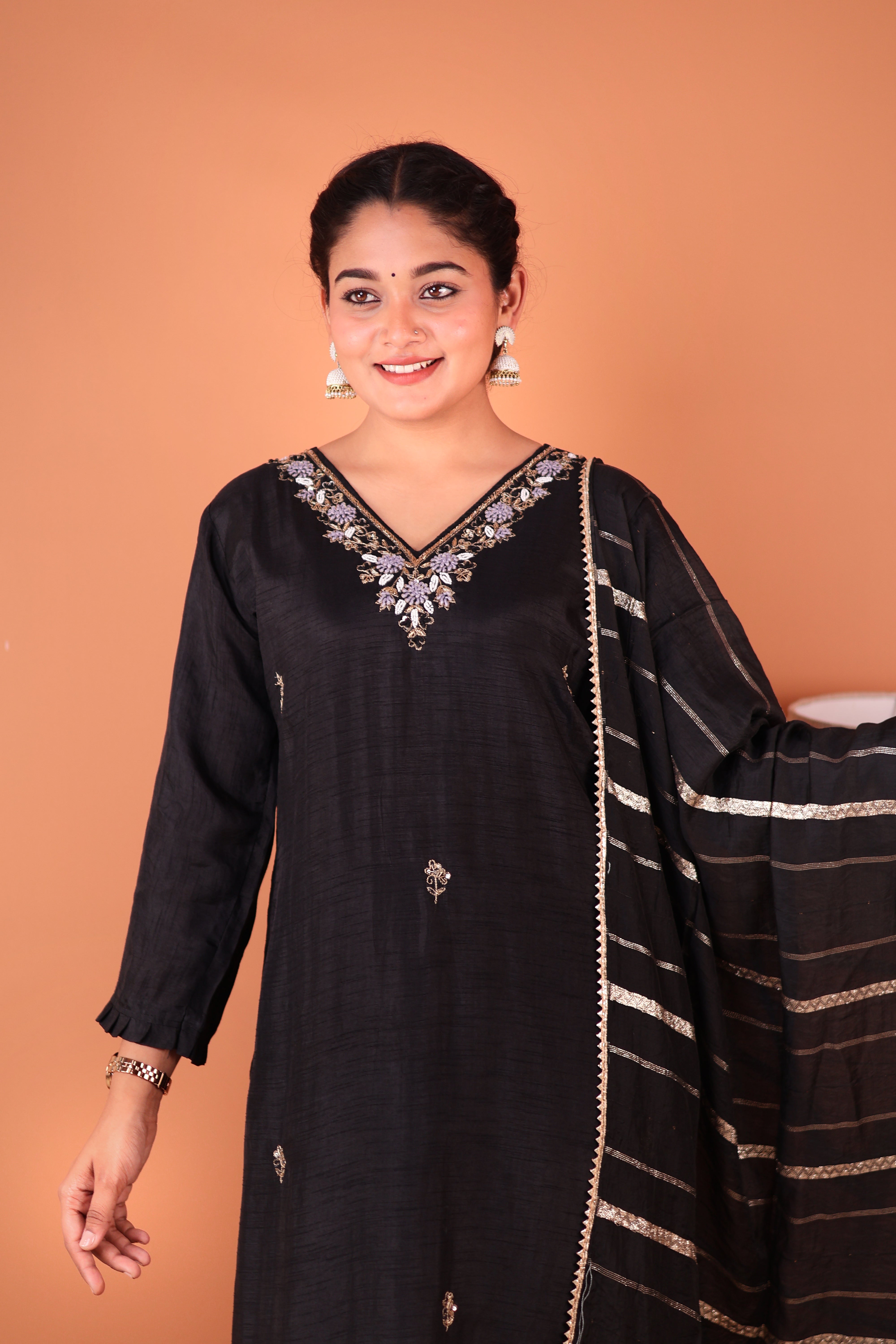 BLACK THREADWORK SILK SUIT SET