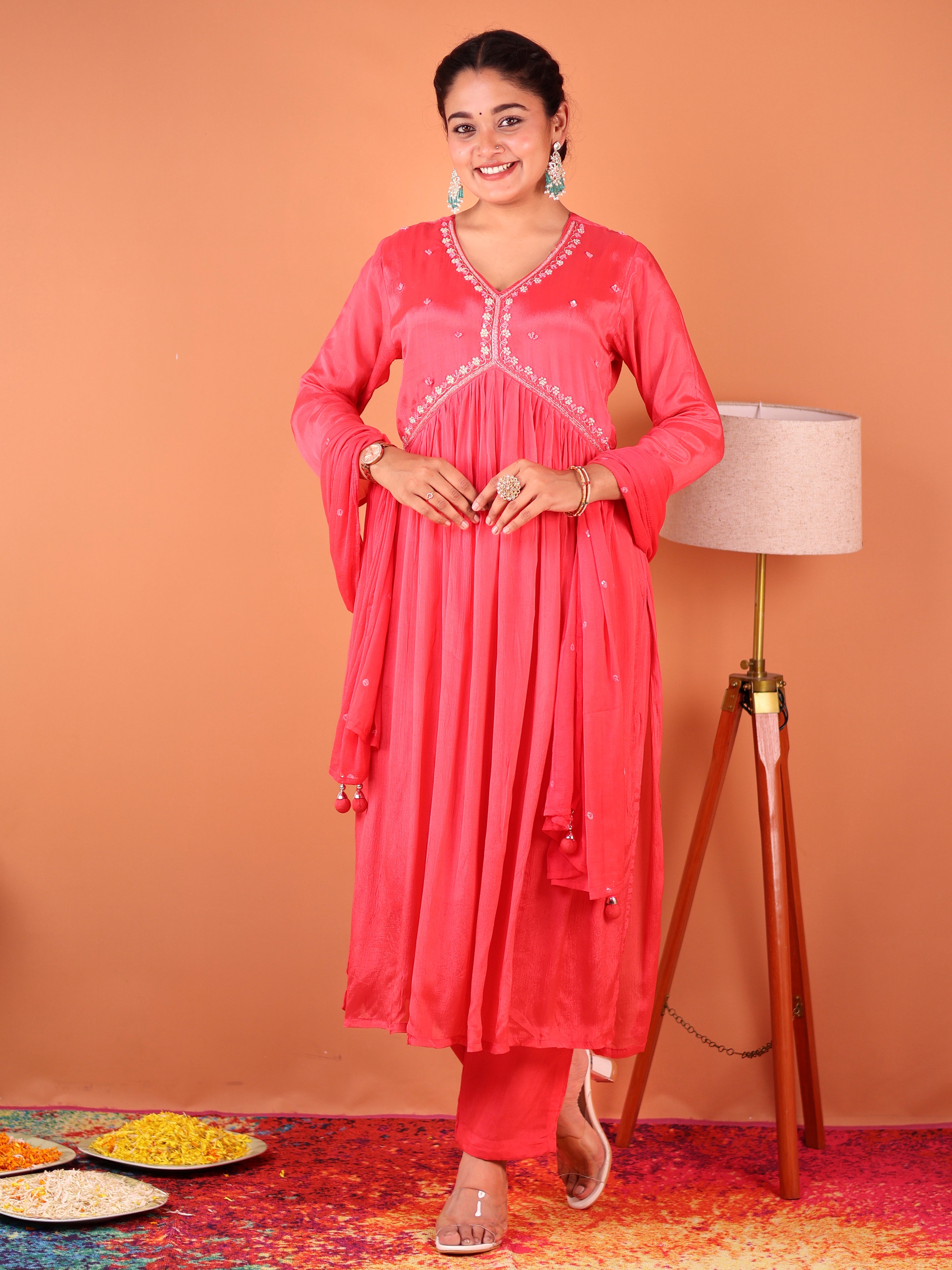 PEACHES & PINK PEARLWORK ALIA-CUT CHINNON SUIT SET