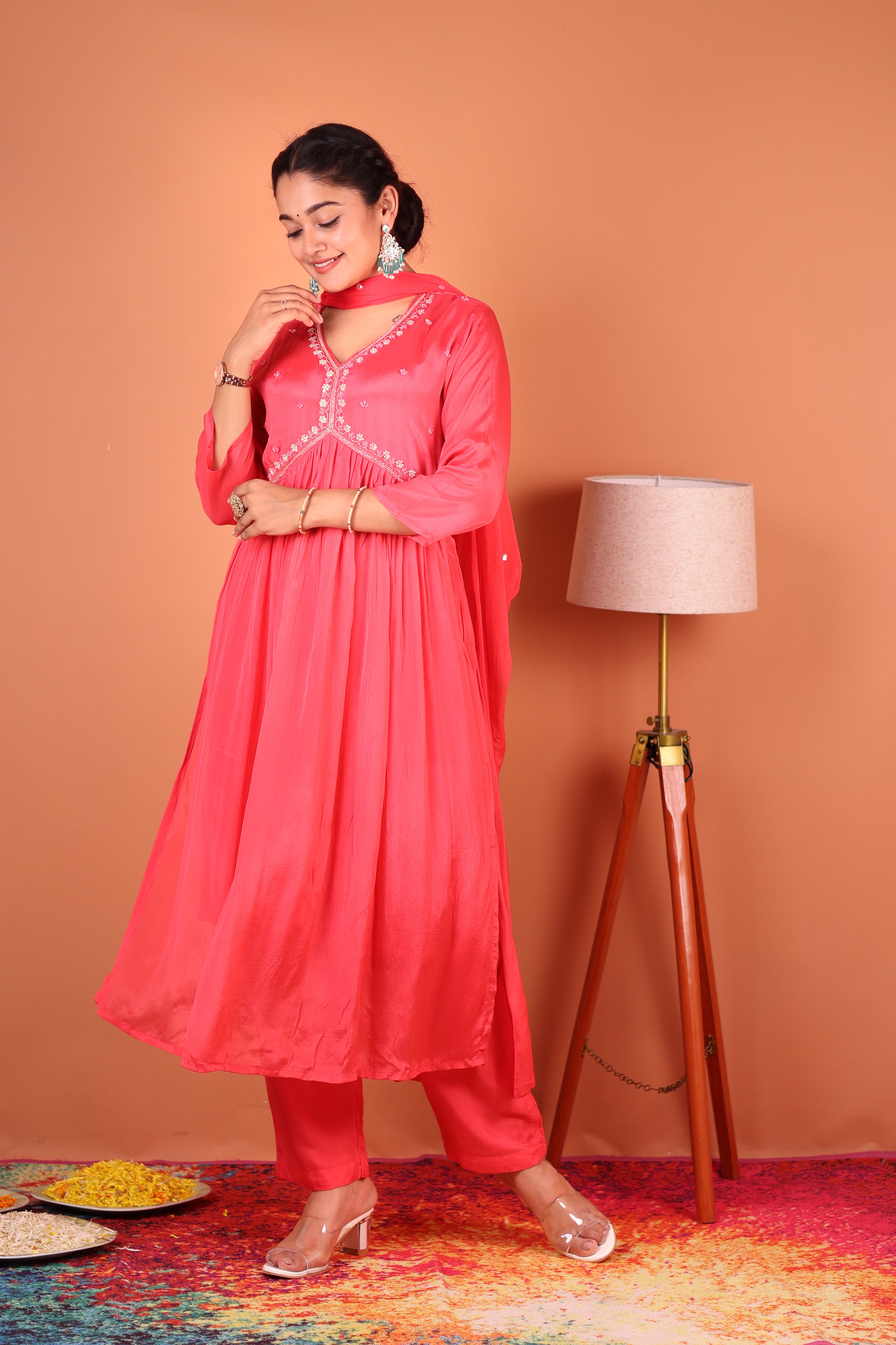 PEACHES & PINK PEARLWORK ALIA-CUT CHINNON SUIT SET