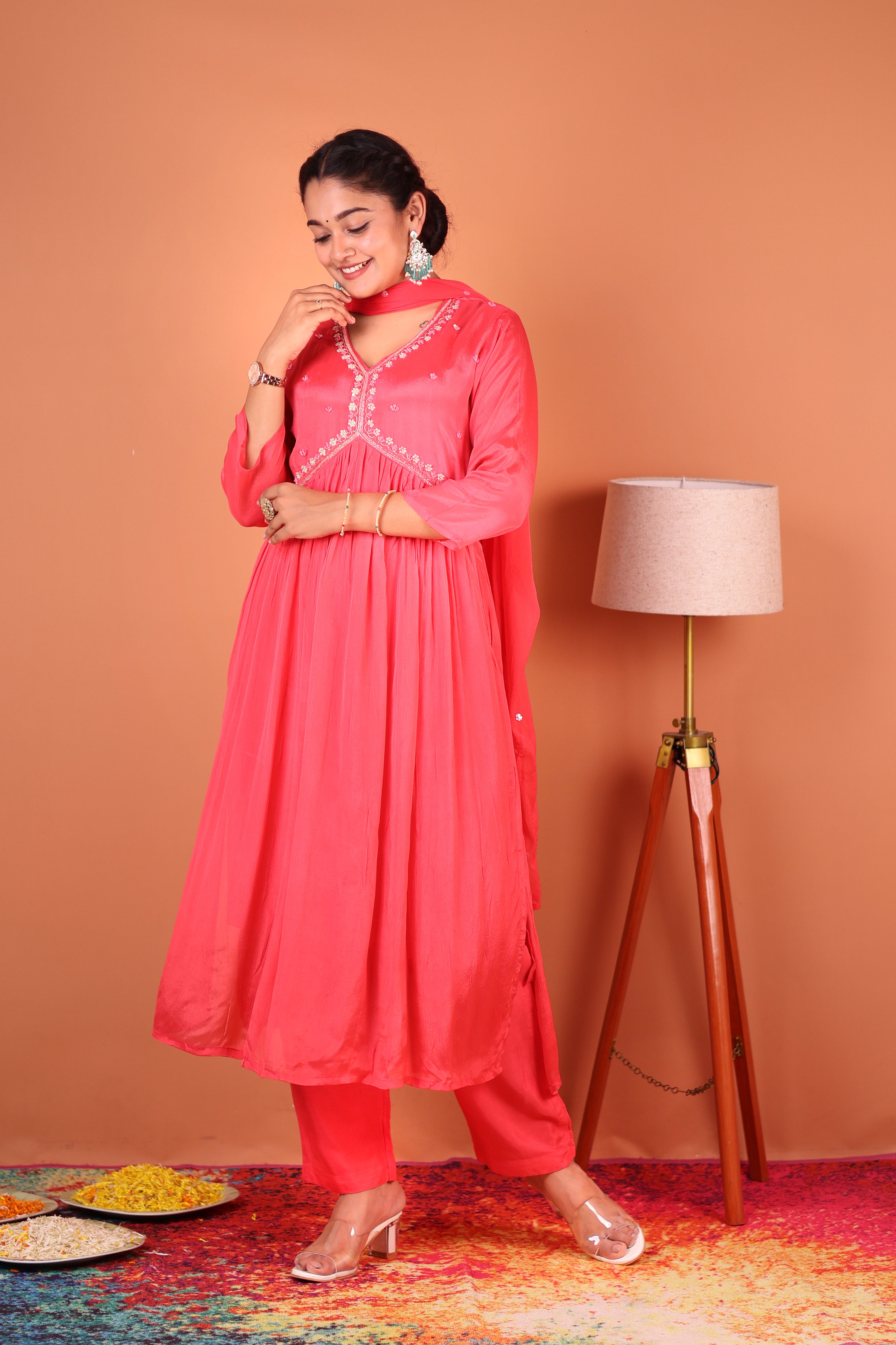 PEACHES & PINK PEARLWORK ALIA-CUT CHINNON SUIT SET
