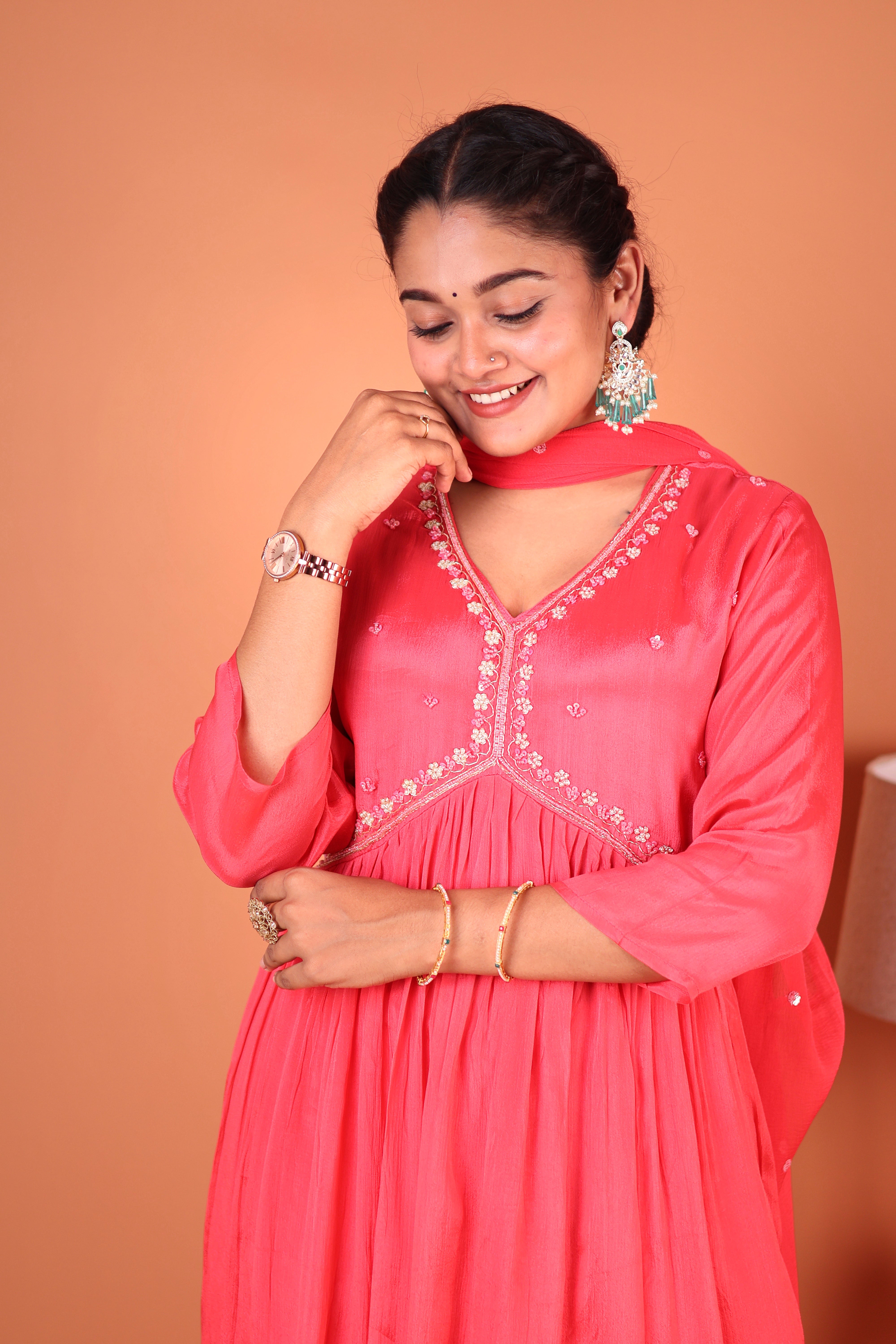 PEACHES & PINK PEARLWORK ALIA-CUT CHINNON SUIT SET