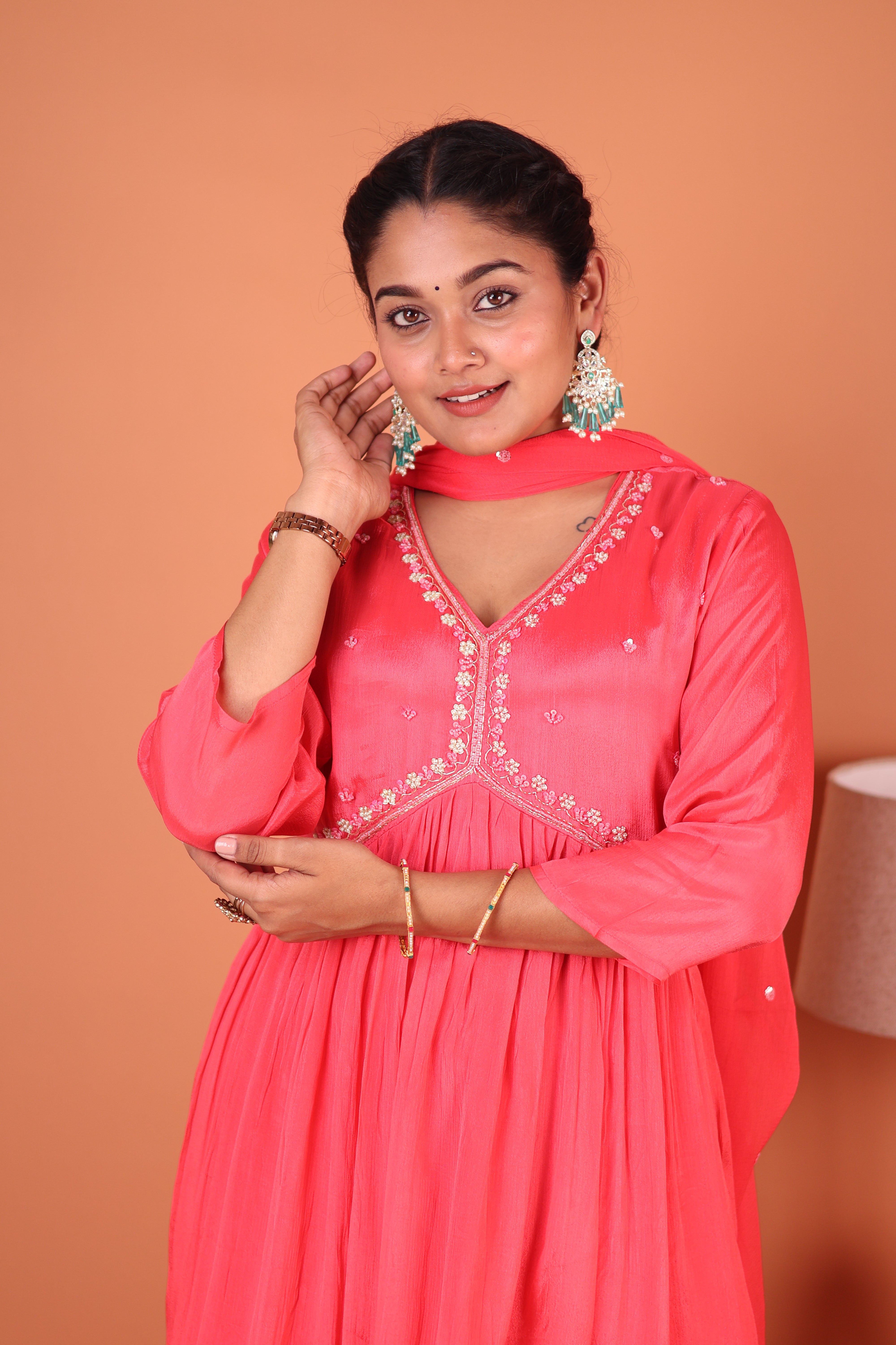 PEACHES & PINK PEARLWORK ALIA-CUT CHINNON SUIT SET