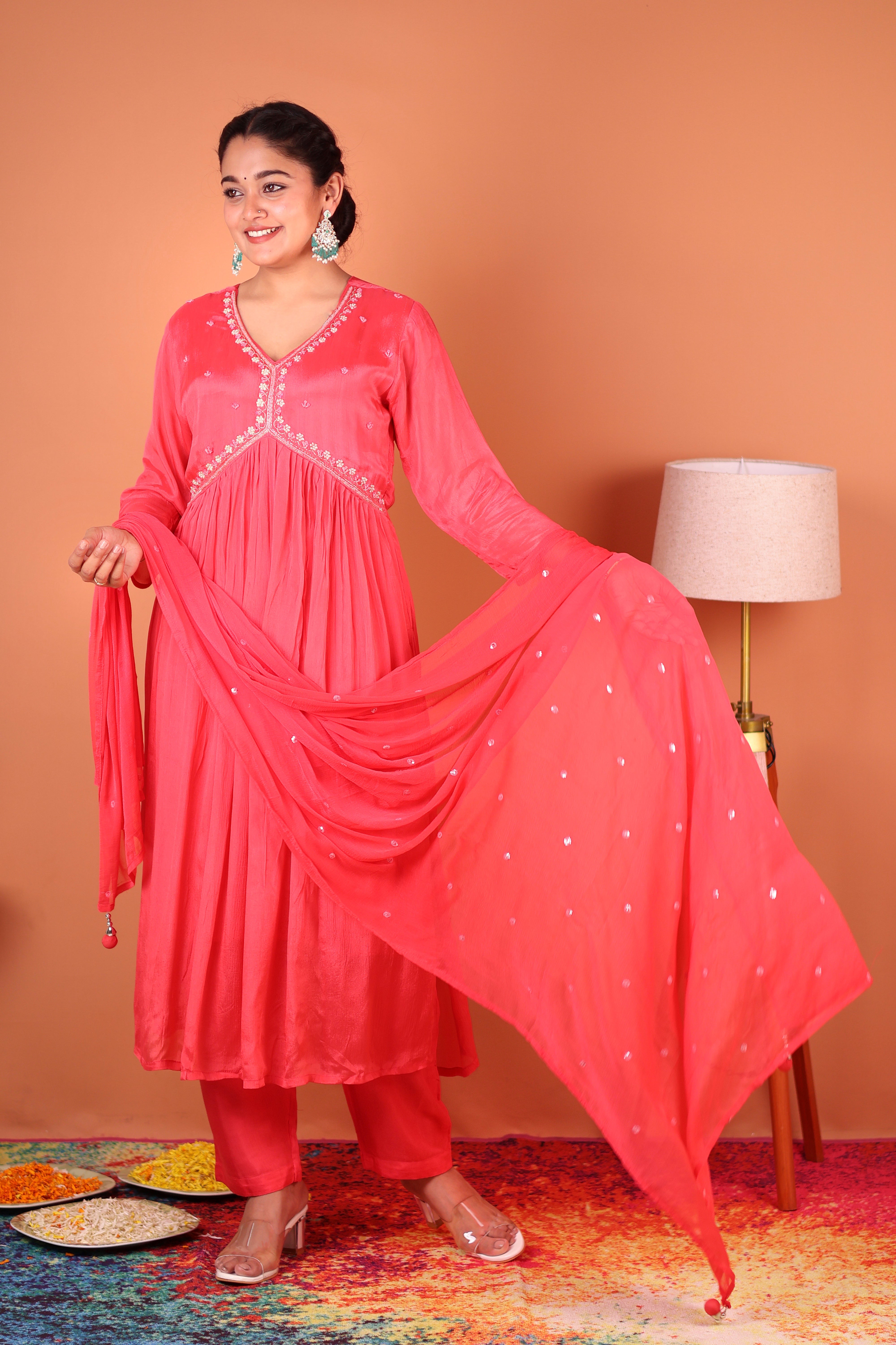 PEACHES & PINK PEARLWORK ALIA-CUT CHINNON SUIT SET