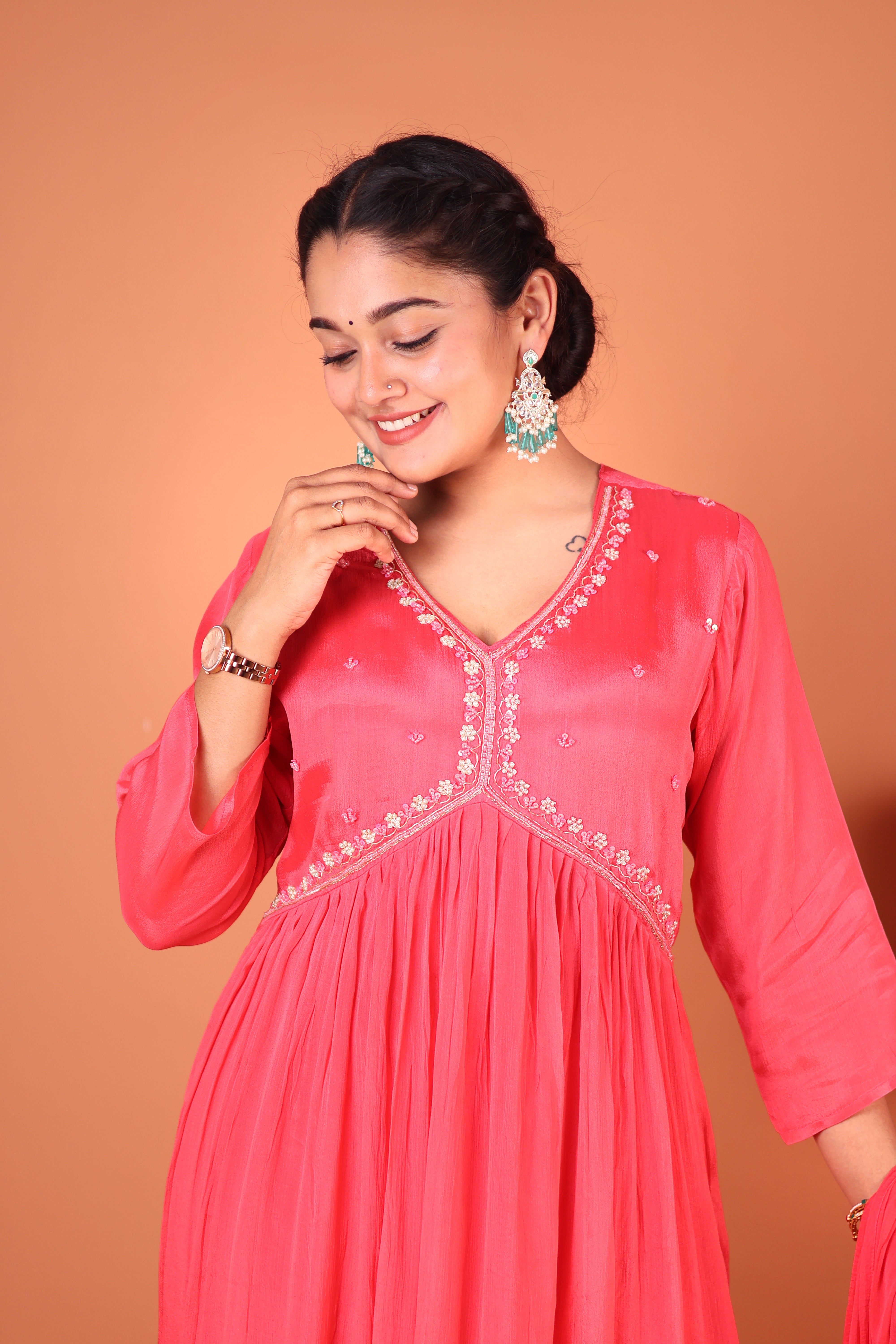 PEACHES & PINK PEARLWORK ALIA-CUT CHINNON SUIT SET