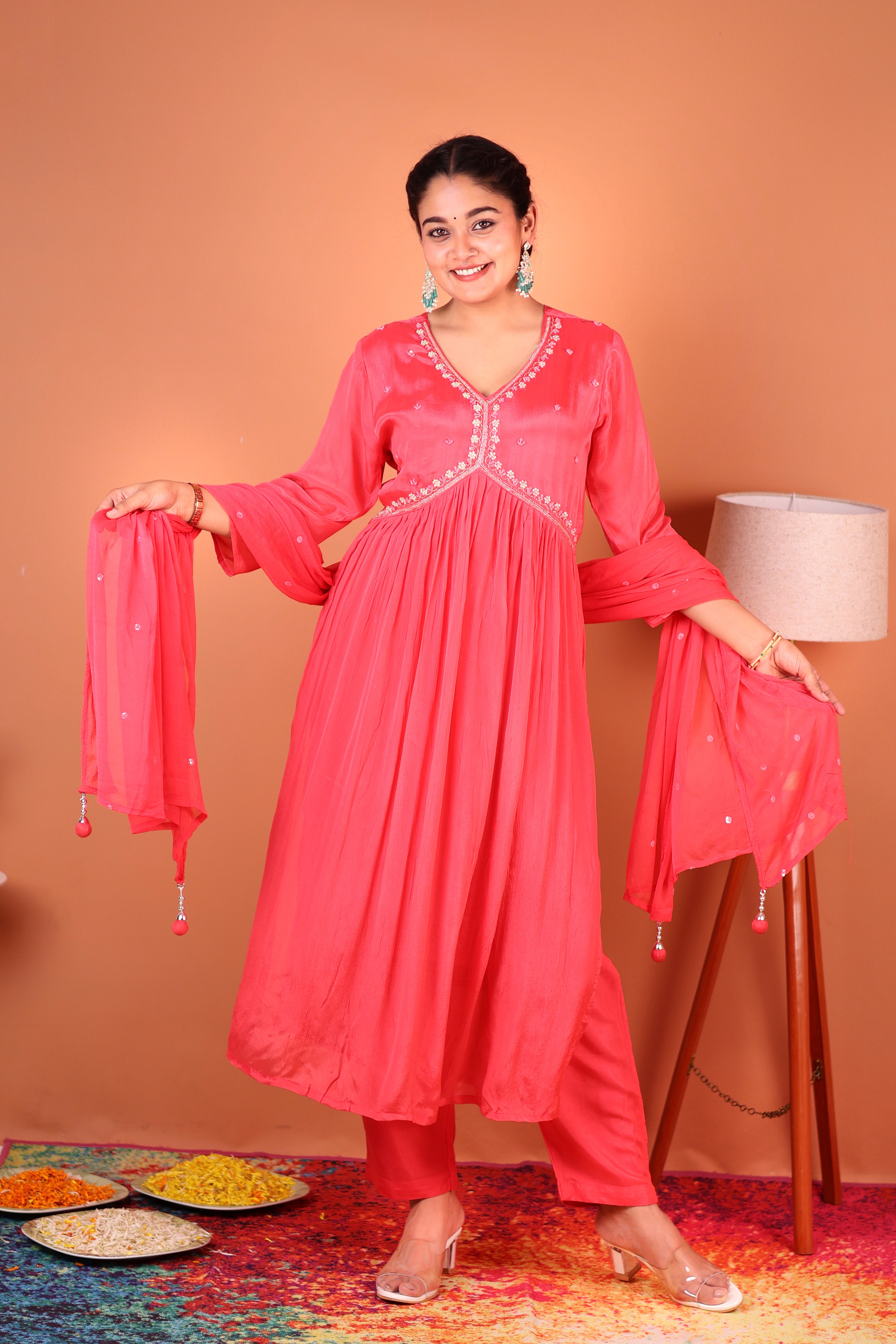 PEACHES & PINK PEARLWORK ALIA-CUT CHINNON SUIT SET