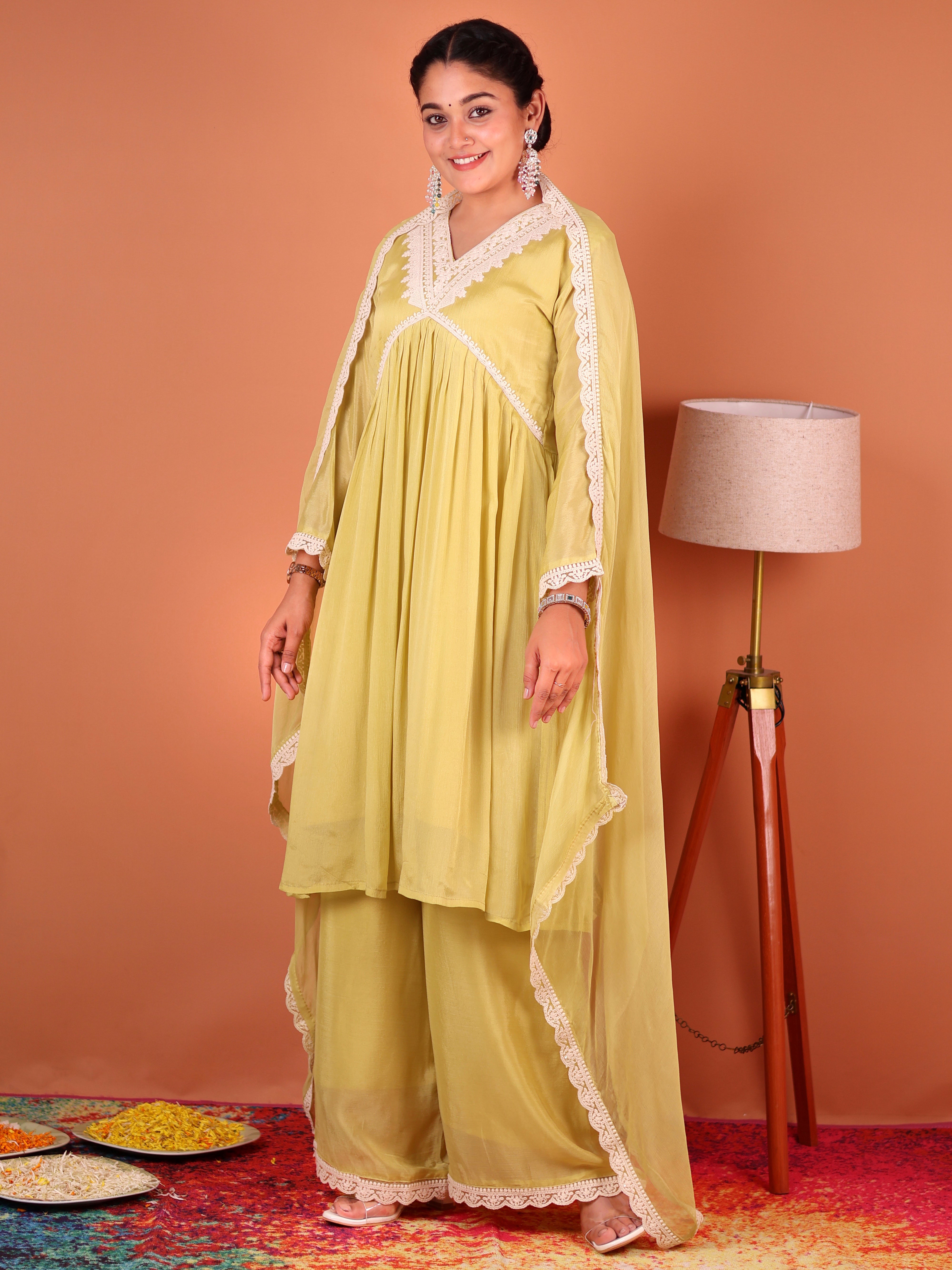 LIME YELLOW THREADWORK ALIA-CUT CHINNON SUIT SET