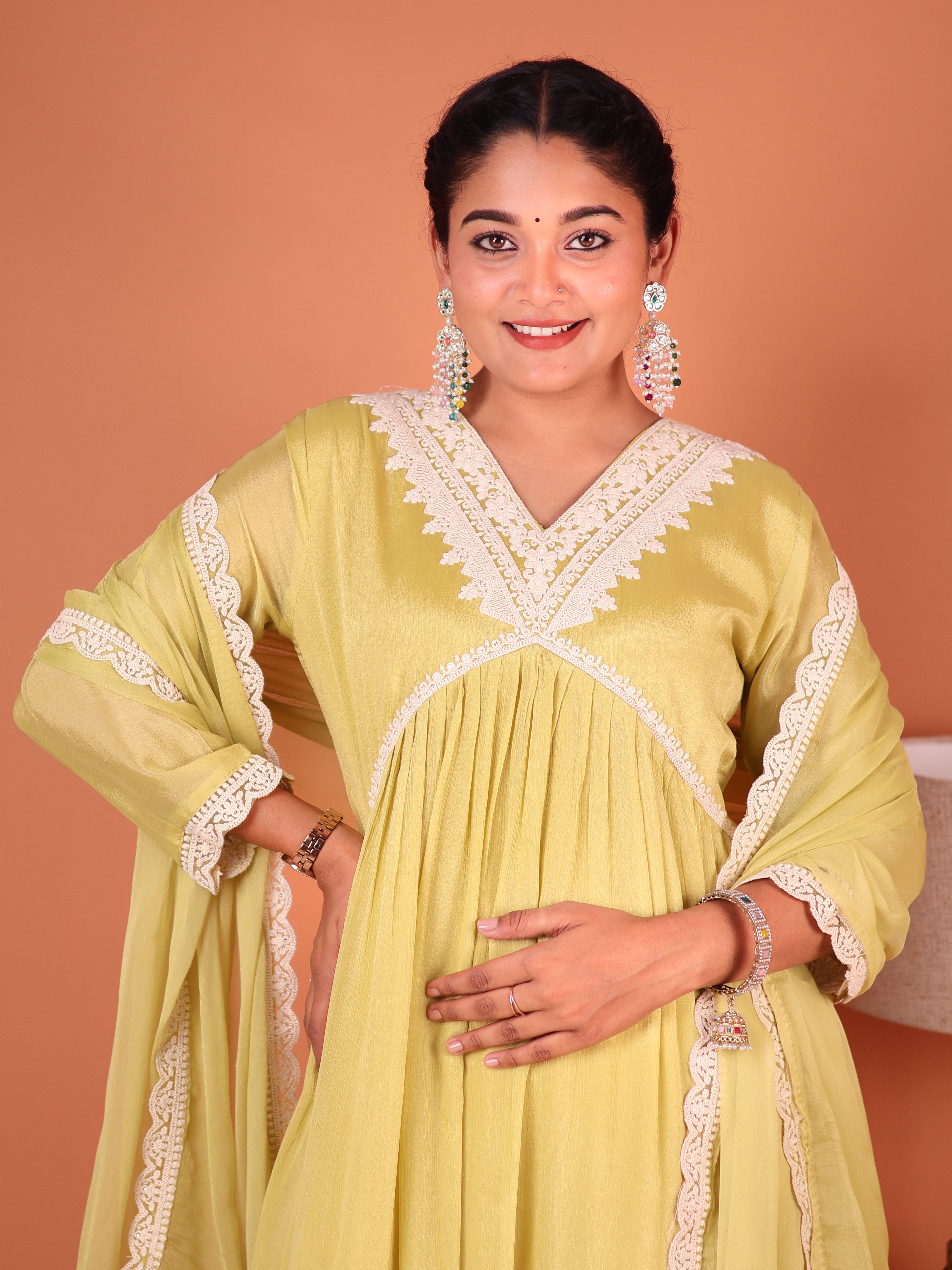 LIME YELLOW THREADWORK ALIA-CUT CHINNON SUIT SET