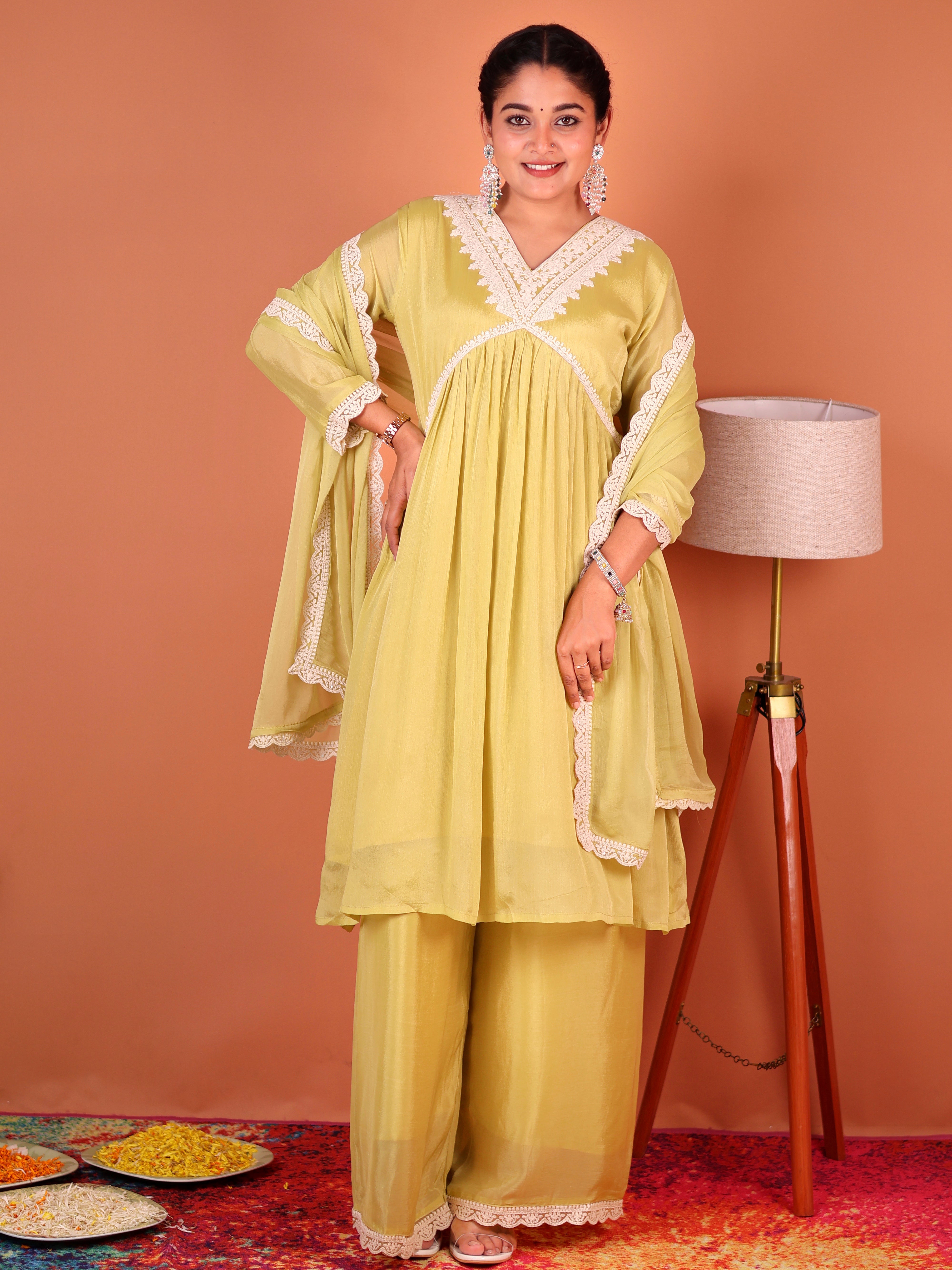 LIME YELLOW THREADWORK ALIA-CUT CHINNON SUIT SET