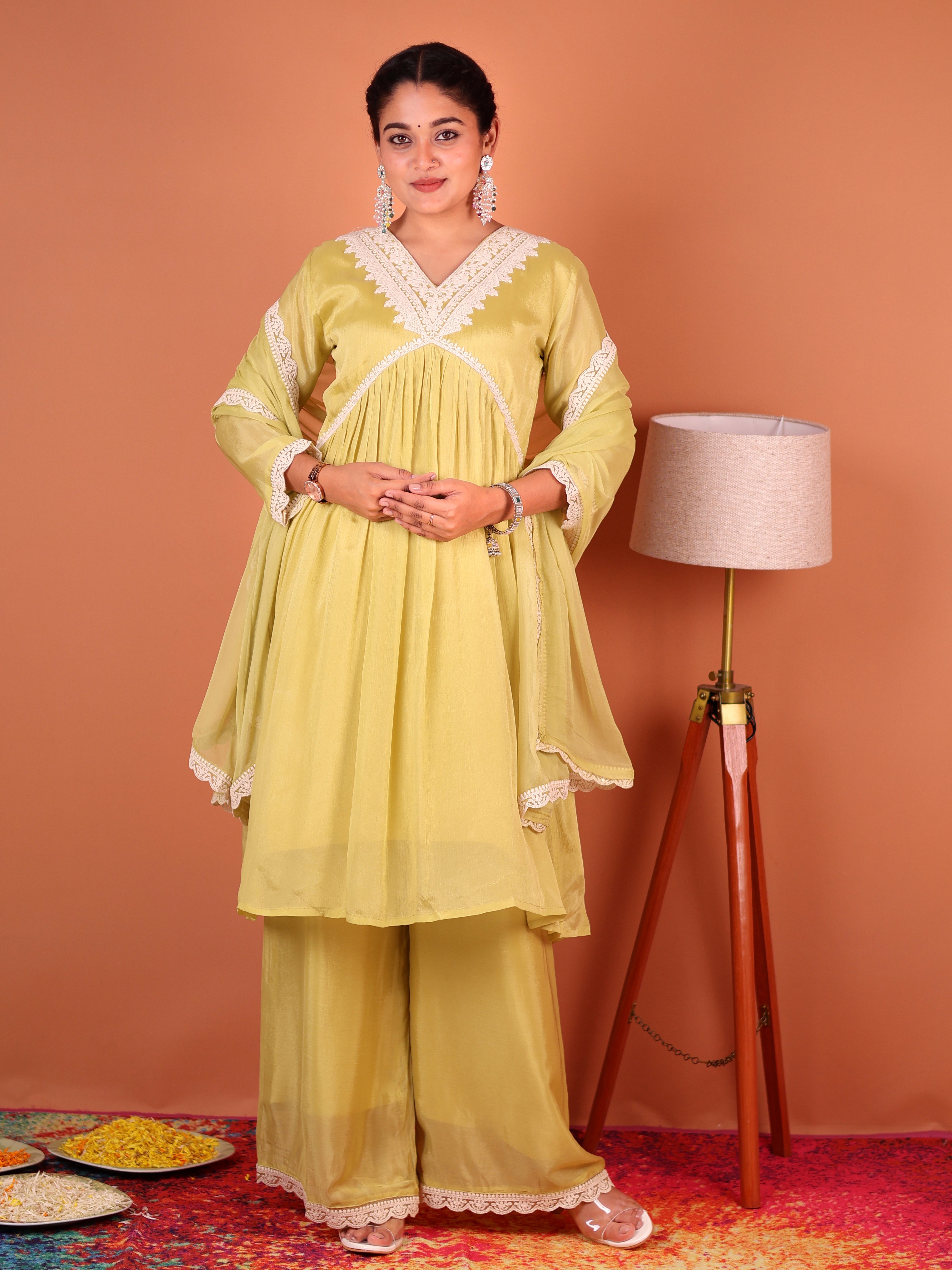 LIME YELLOW THREADWORK ALIA-CUT CHINNON SUIT SET