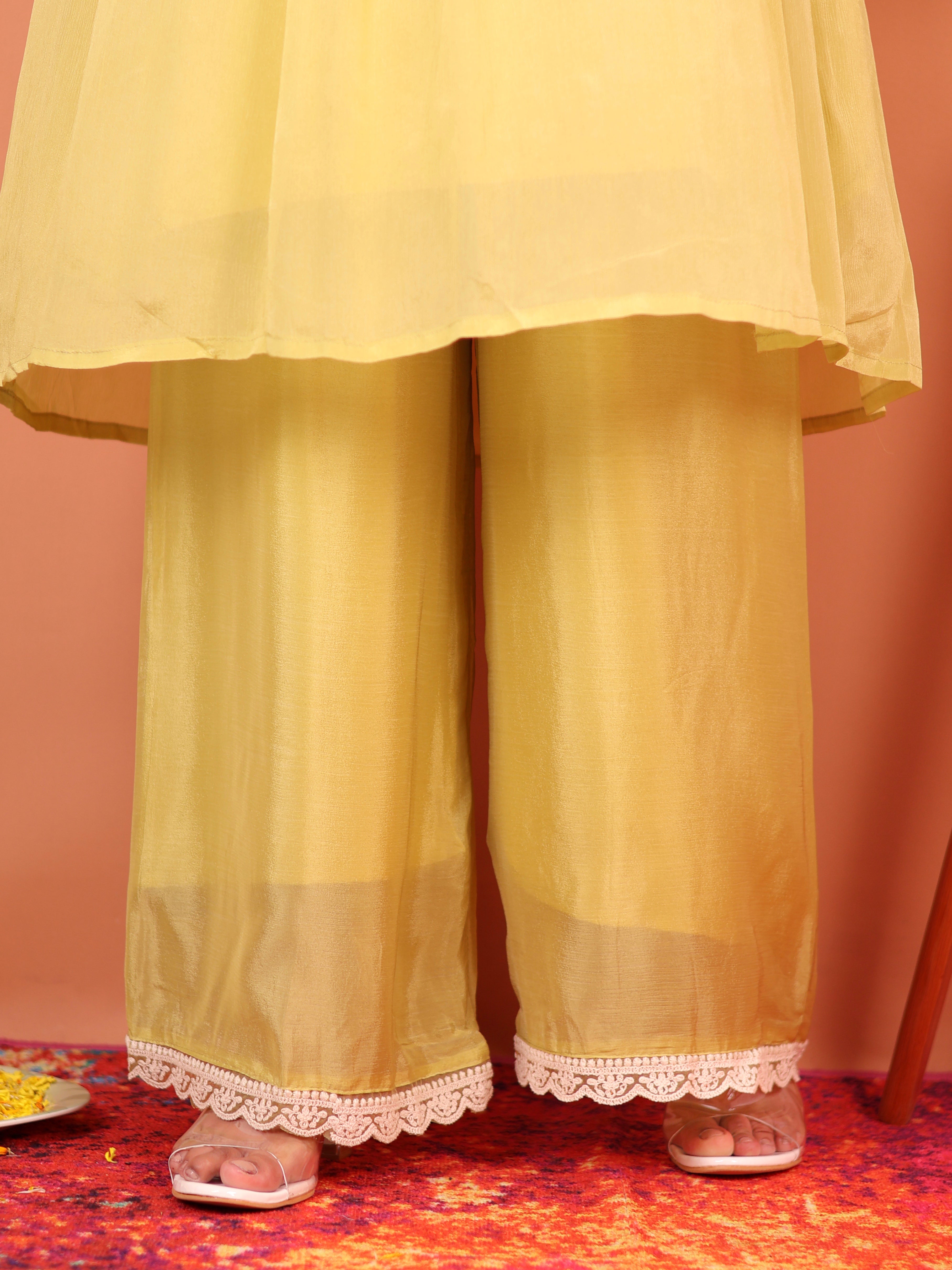 LIME YELLOW THREADWORK ALIA-CUT CHINNON SUIT SET