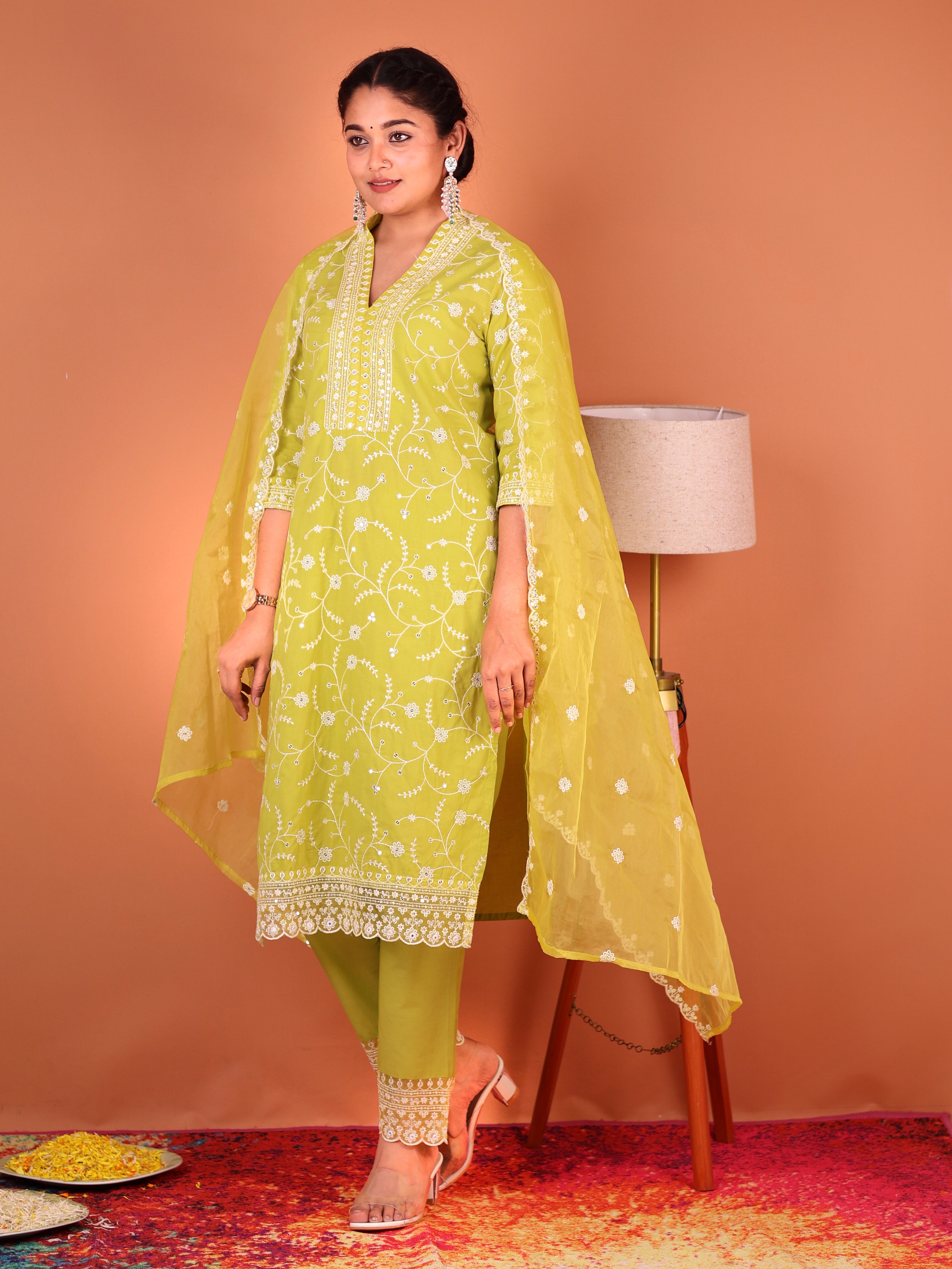 LIME YELLOW THREADWORK COTTON SUIT SET