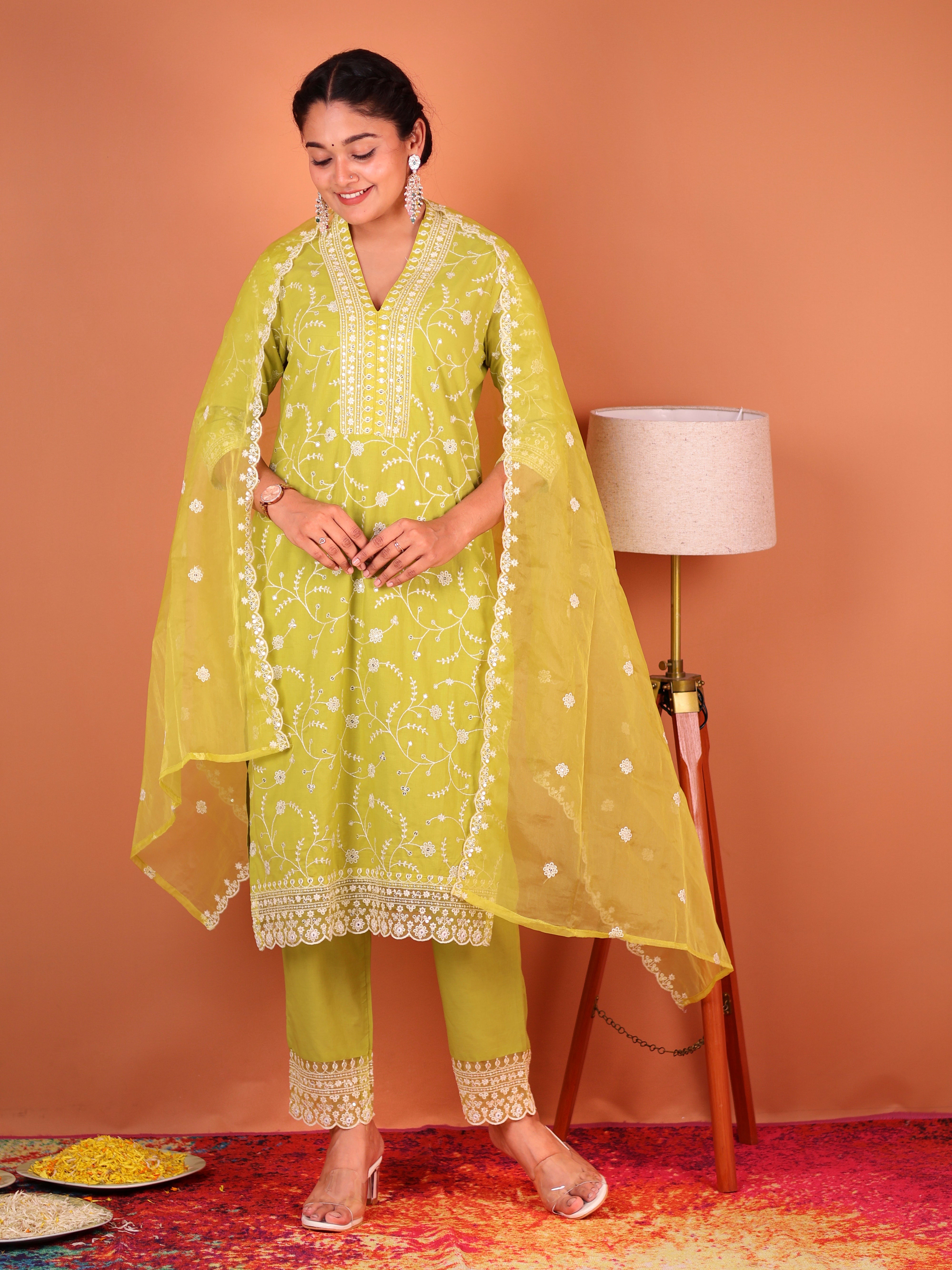 LIME YELLOW THREADWORK COTTON SUIT SET