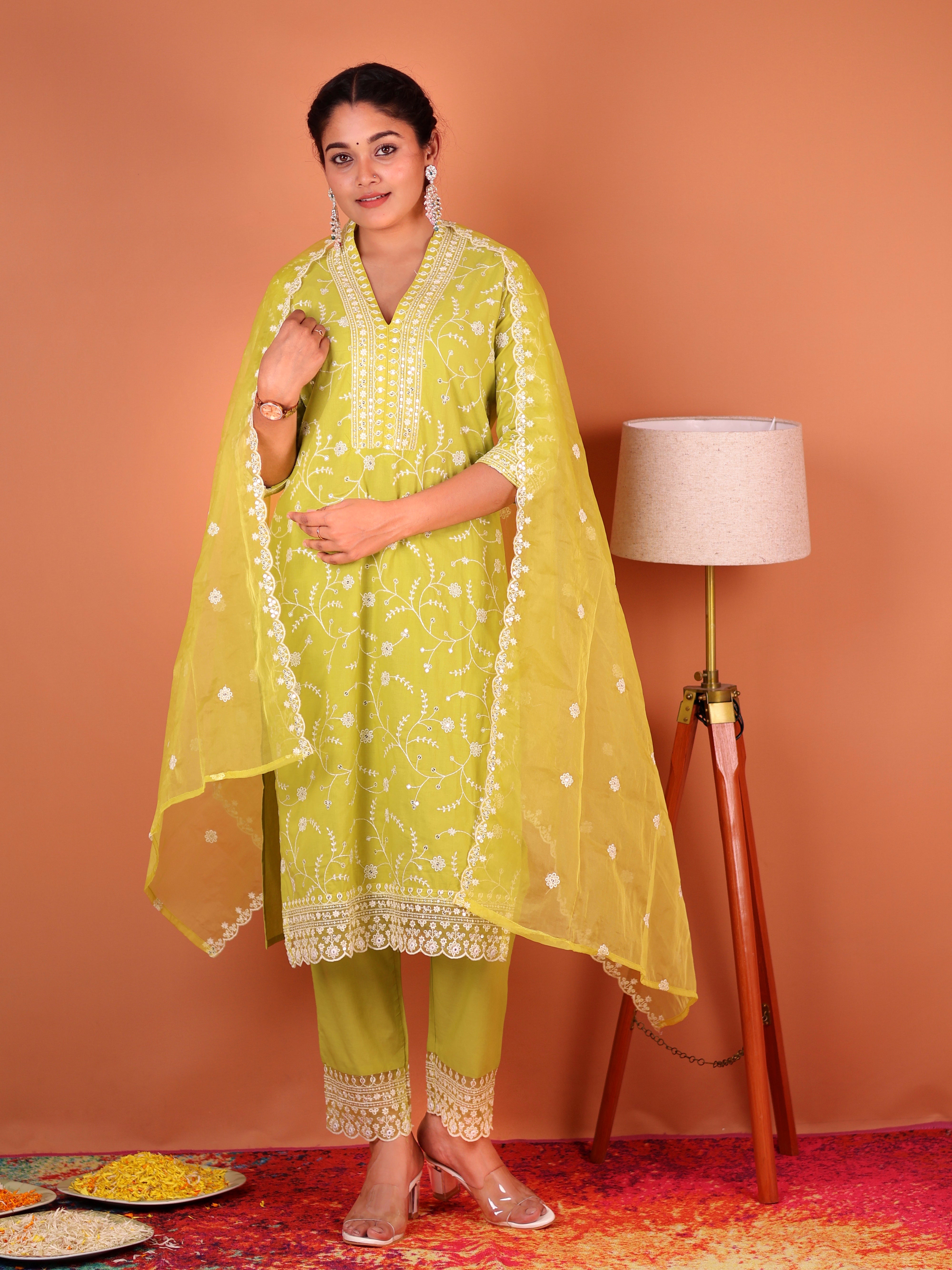 LIME YELLOW THREADWORK COTTON SUIT SET