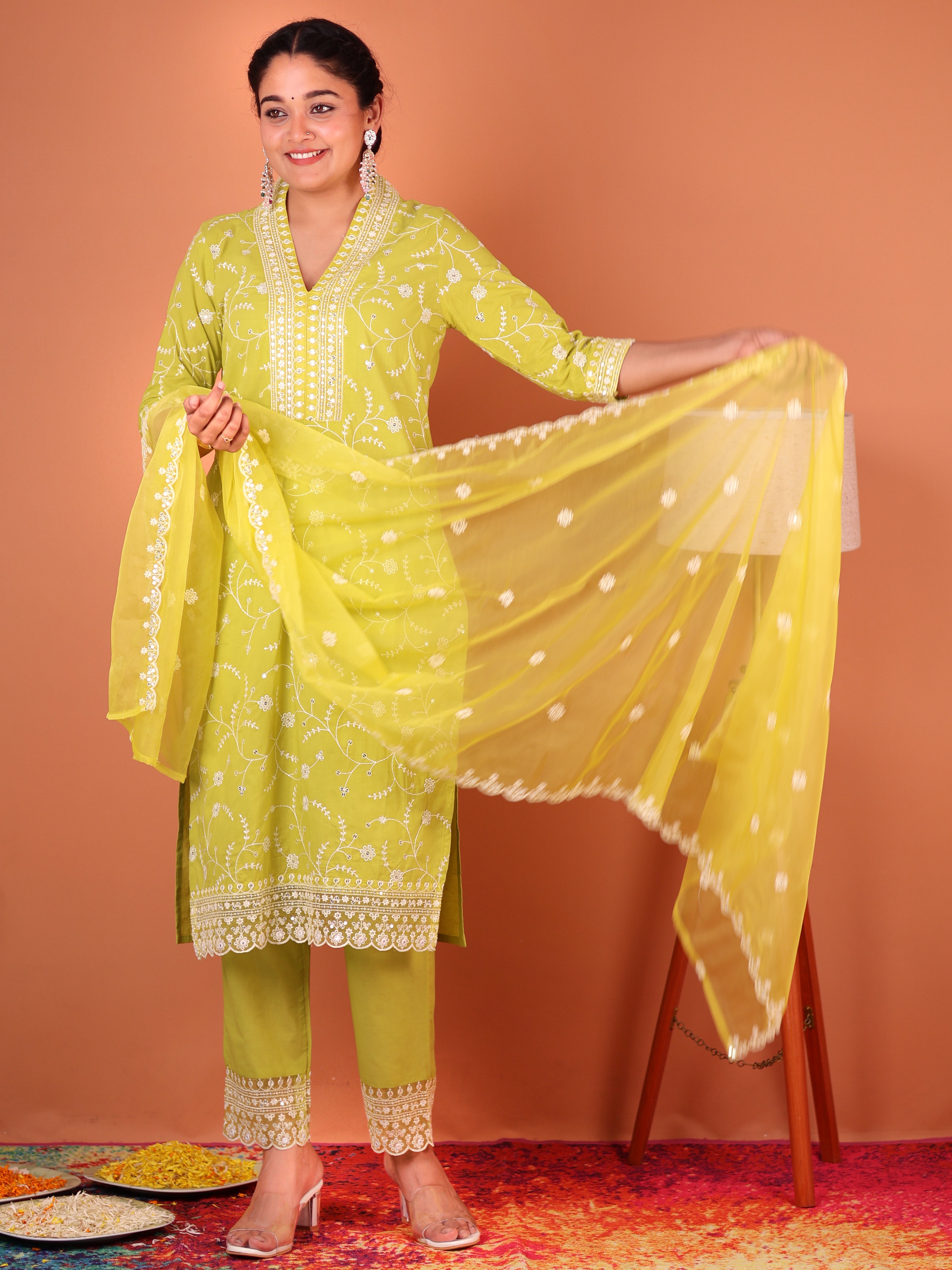 LIME YELLOW THREADWORK COTTON SUIT SET