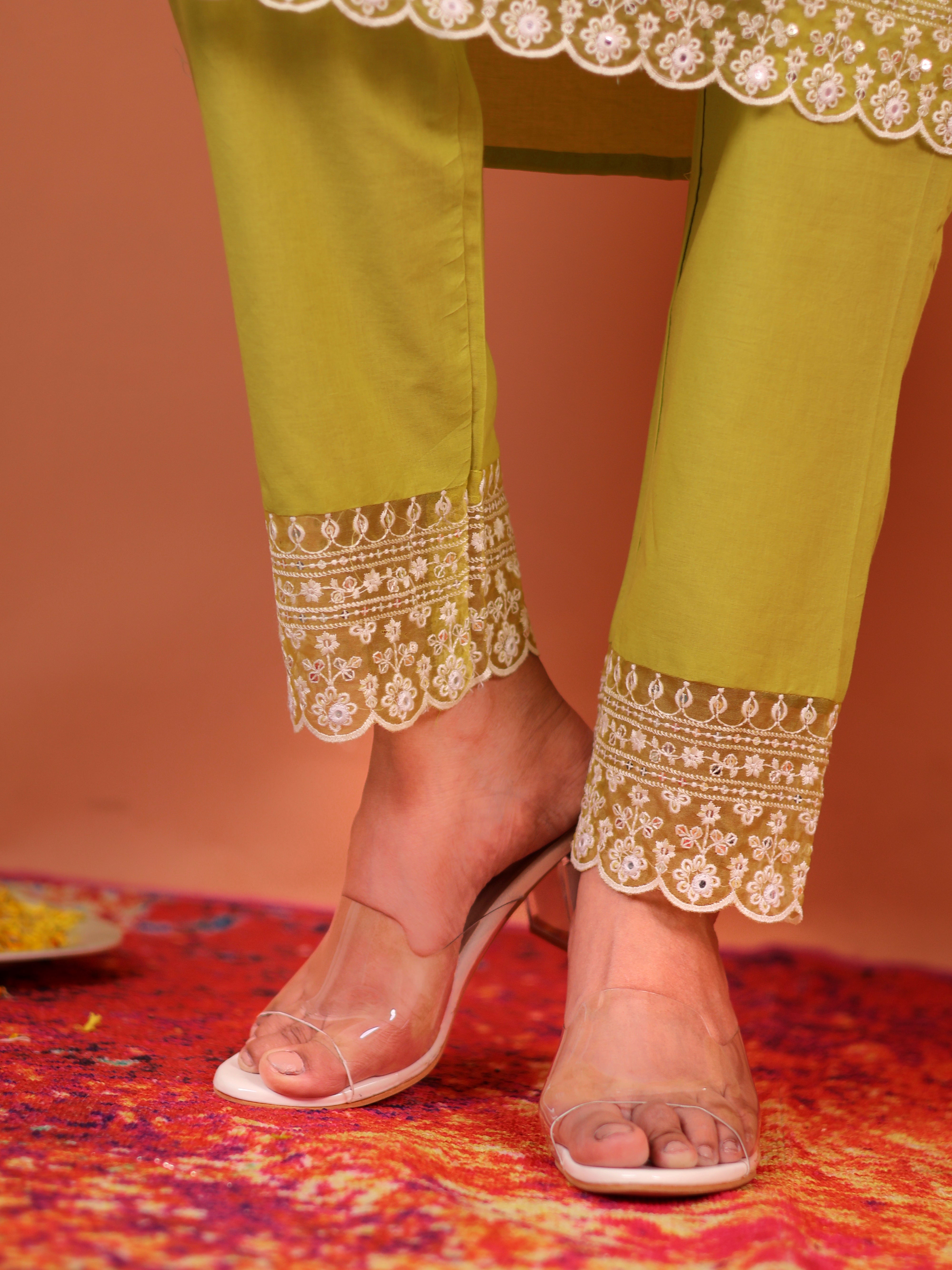 LIME YELLOW THREADWORK COTTON SUIT SET