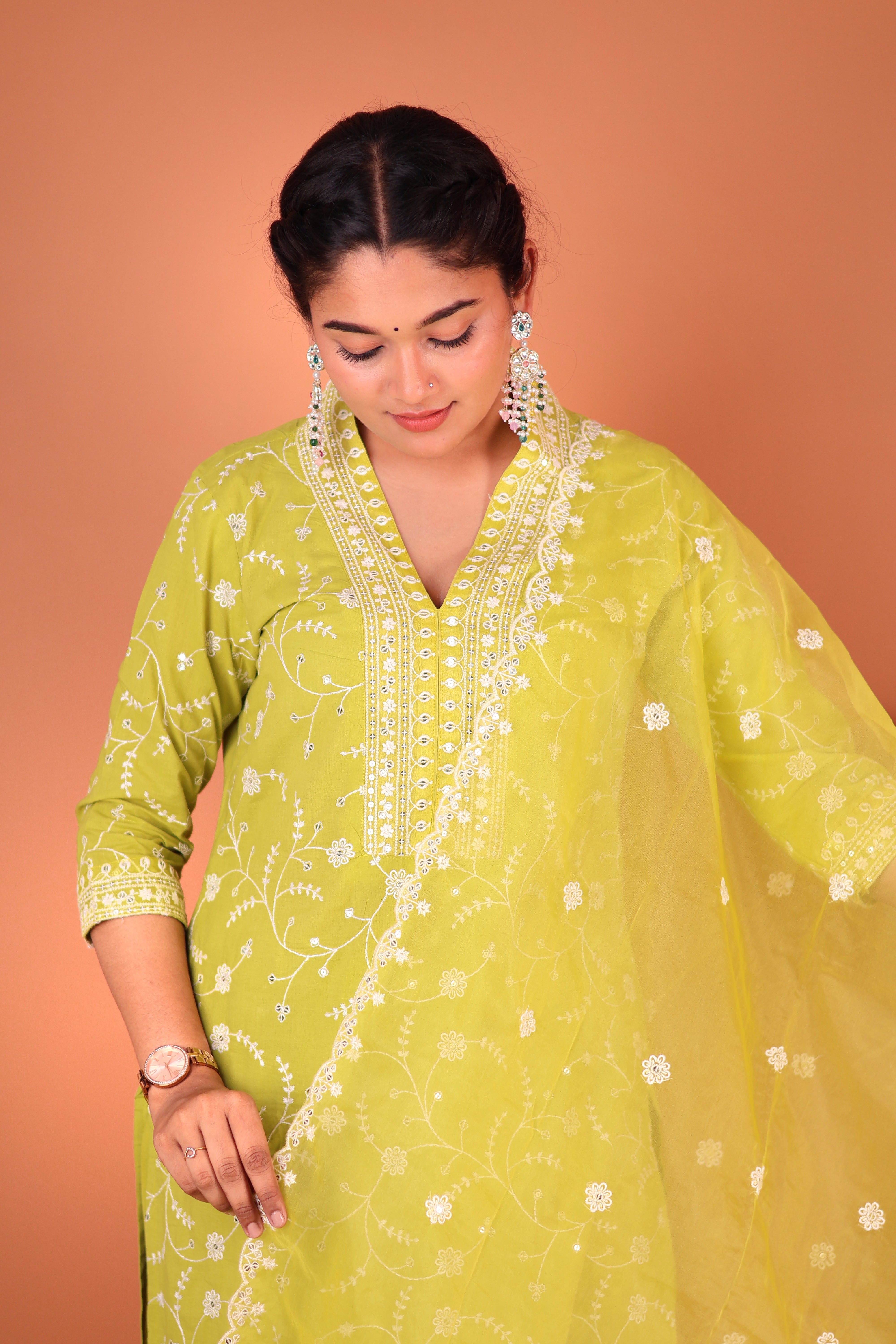 LIME YELLOW THREADWORK COTTON SUIT SET