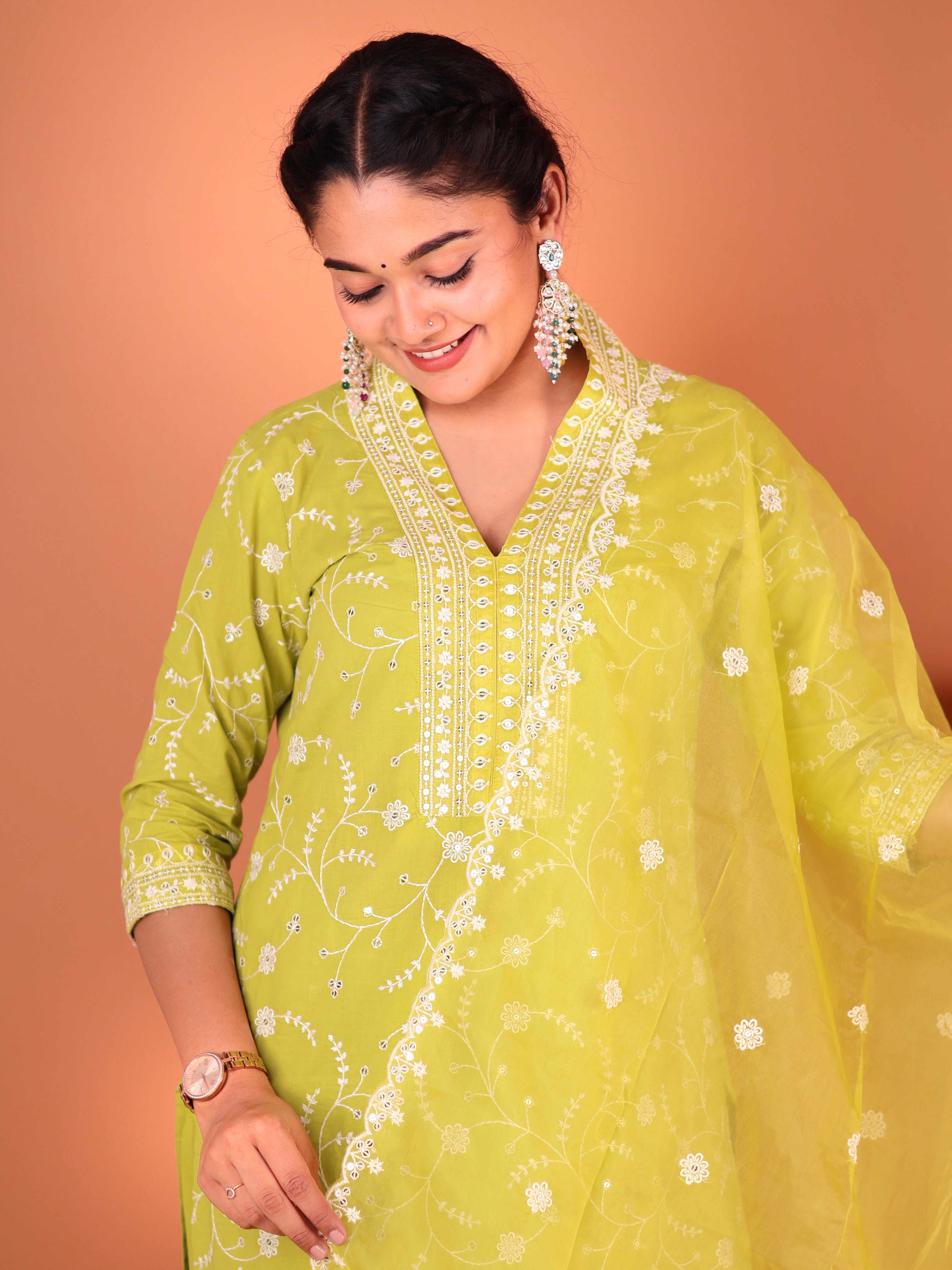 LIME YELLOW THREADWORK COTTON SUIT SET