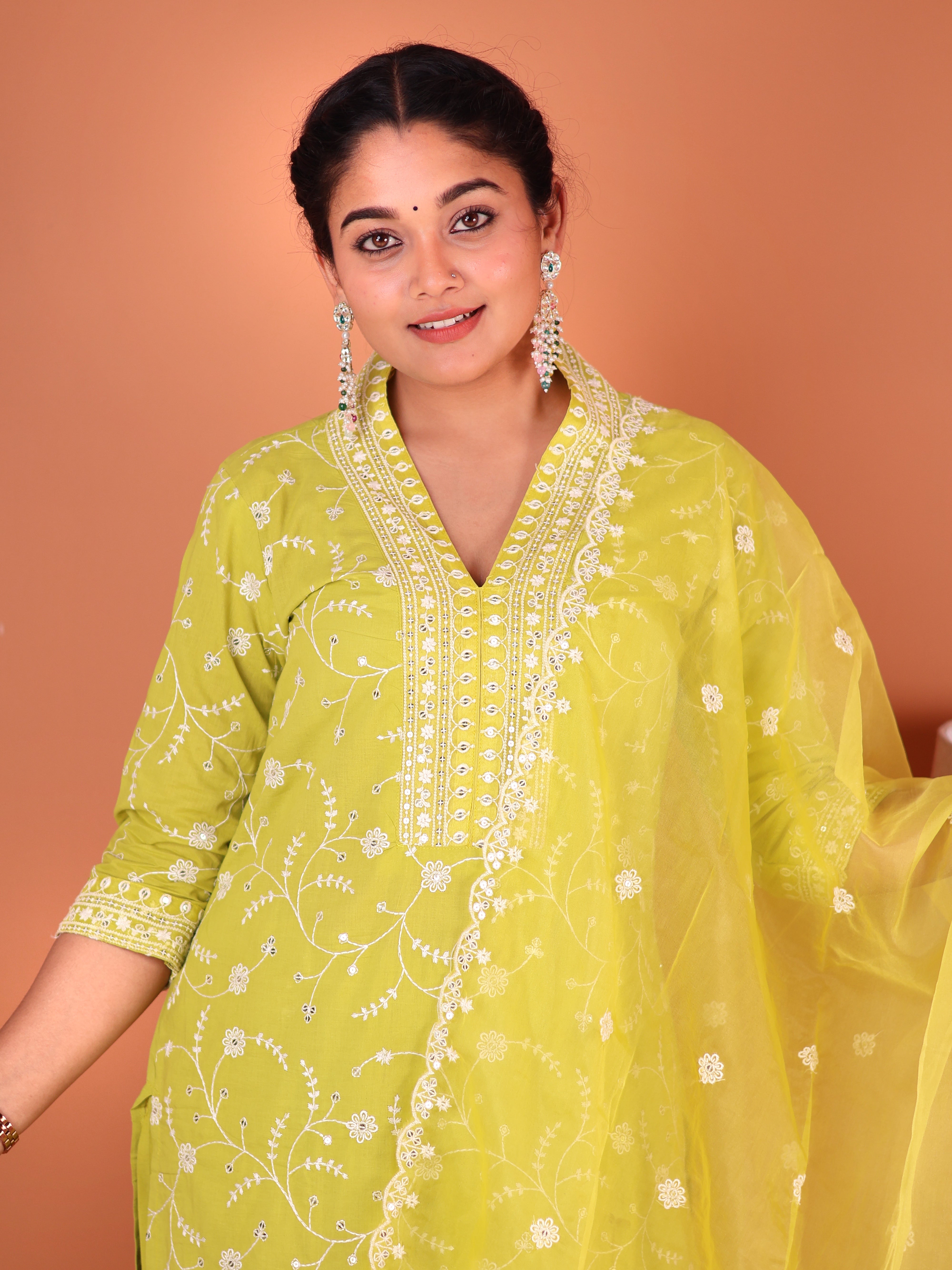 LIME YELLOW THREADWORK COTTON SUIT SET