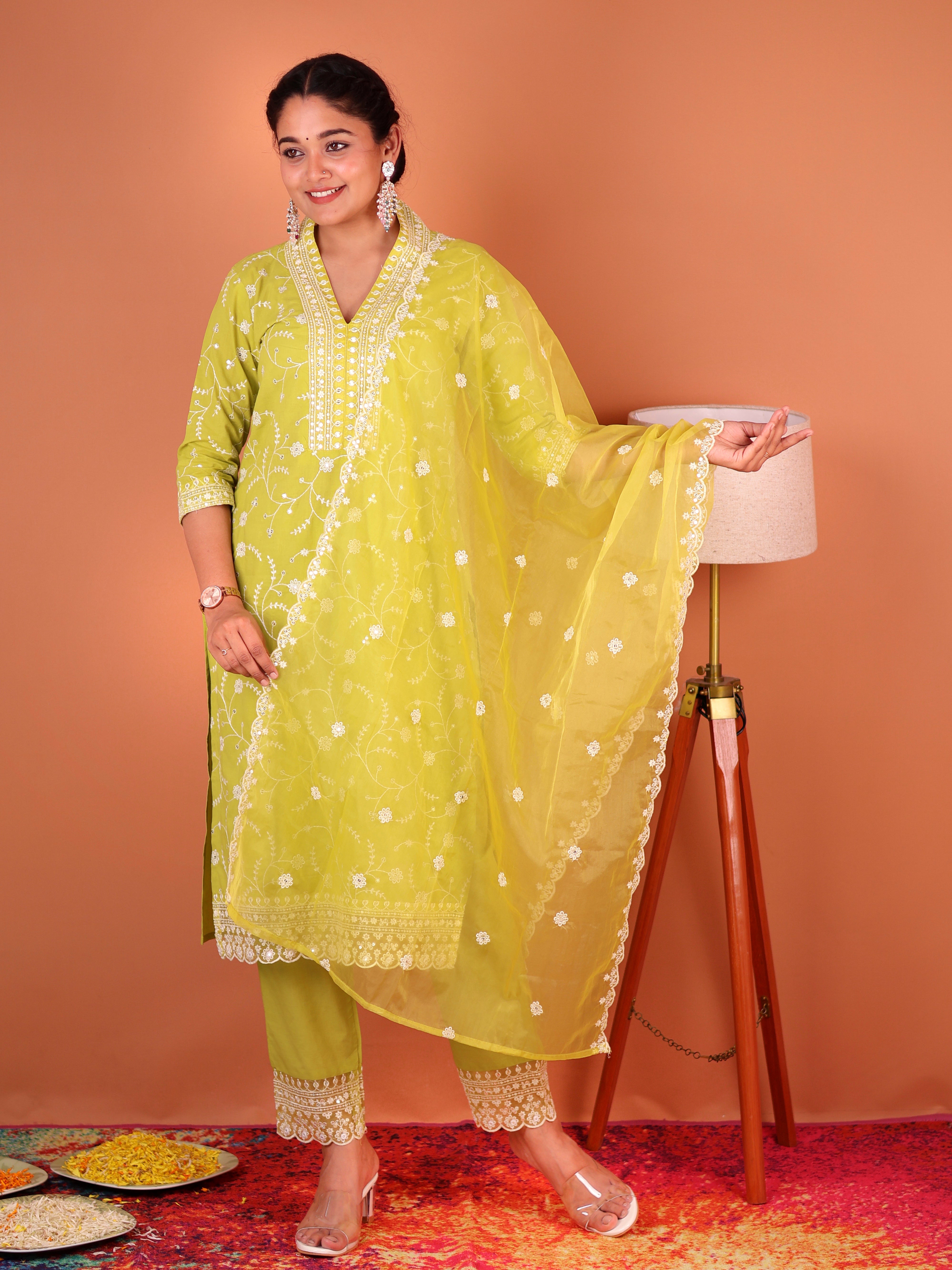 LIME YELLOW THREADWORK COTTON SUIT SET