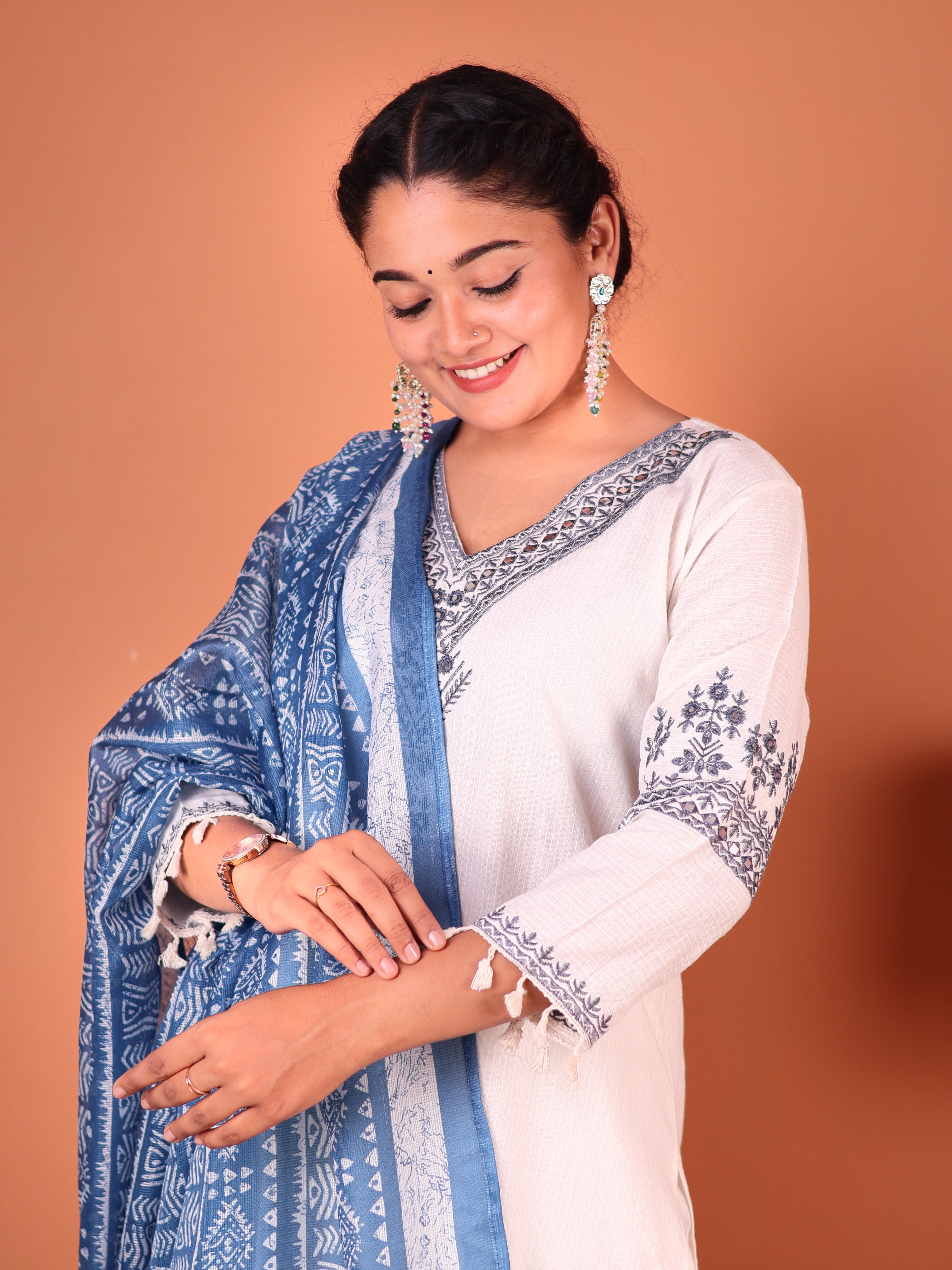 ETHREAL BLUE WHITE EMBROIDERED COTTON SUIT SET