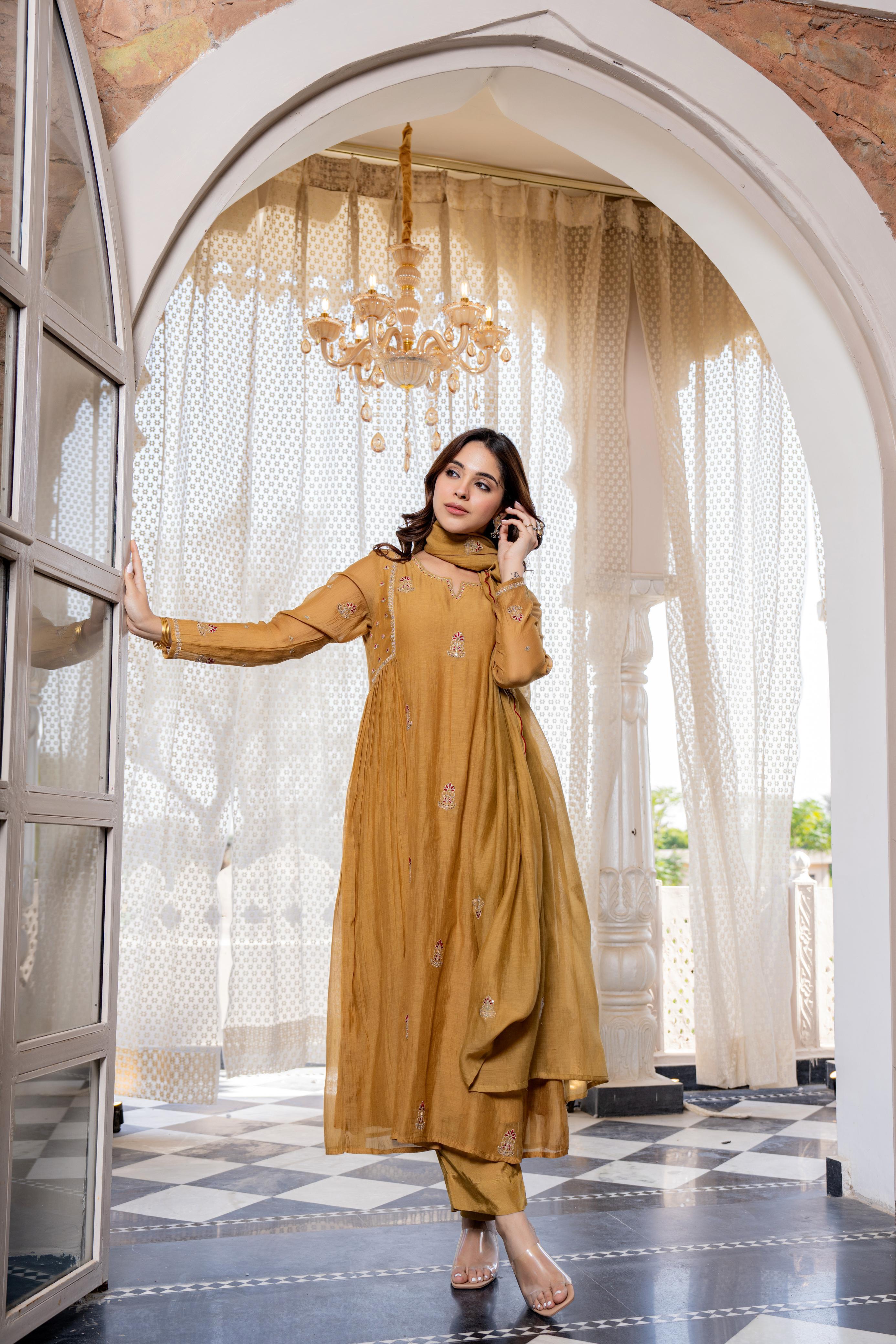 ROOHANIYA MUSTARD EMBELLISHED MUL CHANDERI SUIT SET
