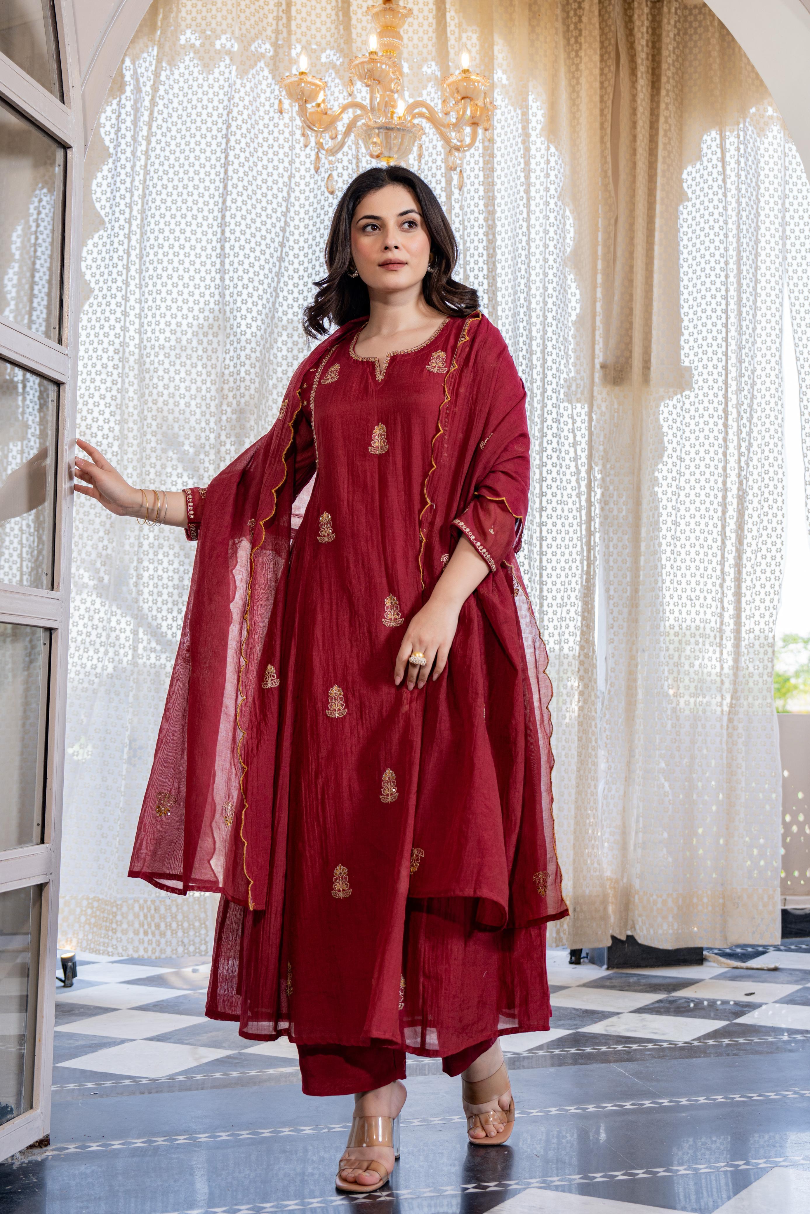ROOHANIYA RED EMBELLISHED MUL CHANDERI SUIT SET